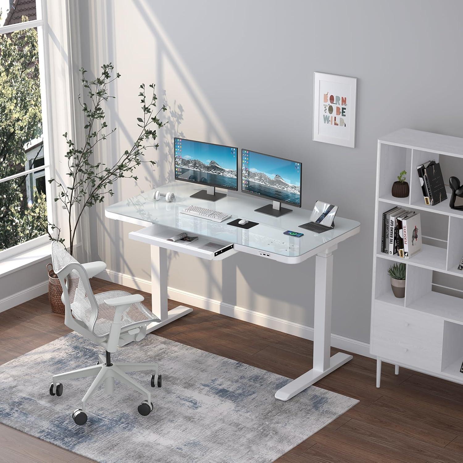 ADOFFUR 45" x 23" Dual Motor Height Adjustable Desk with Drawer,Tempered Glass Top,Wireless Charging and 3 USB Ports for Home Office - White