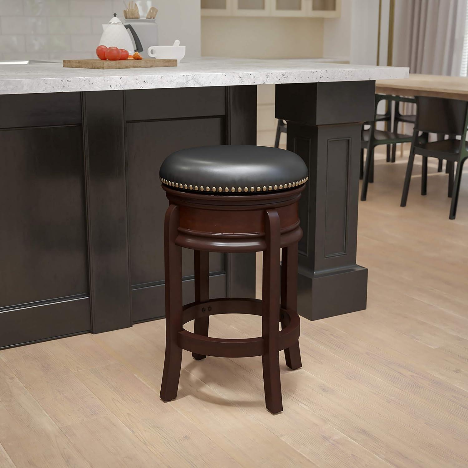 Flash Furniture 24'' High Backless Wood Counter Height Stool with Carved Apron and LeatherSoftSoft Swivel Seat