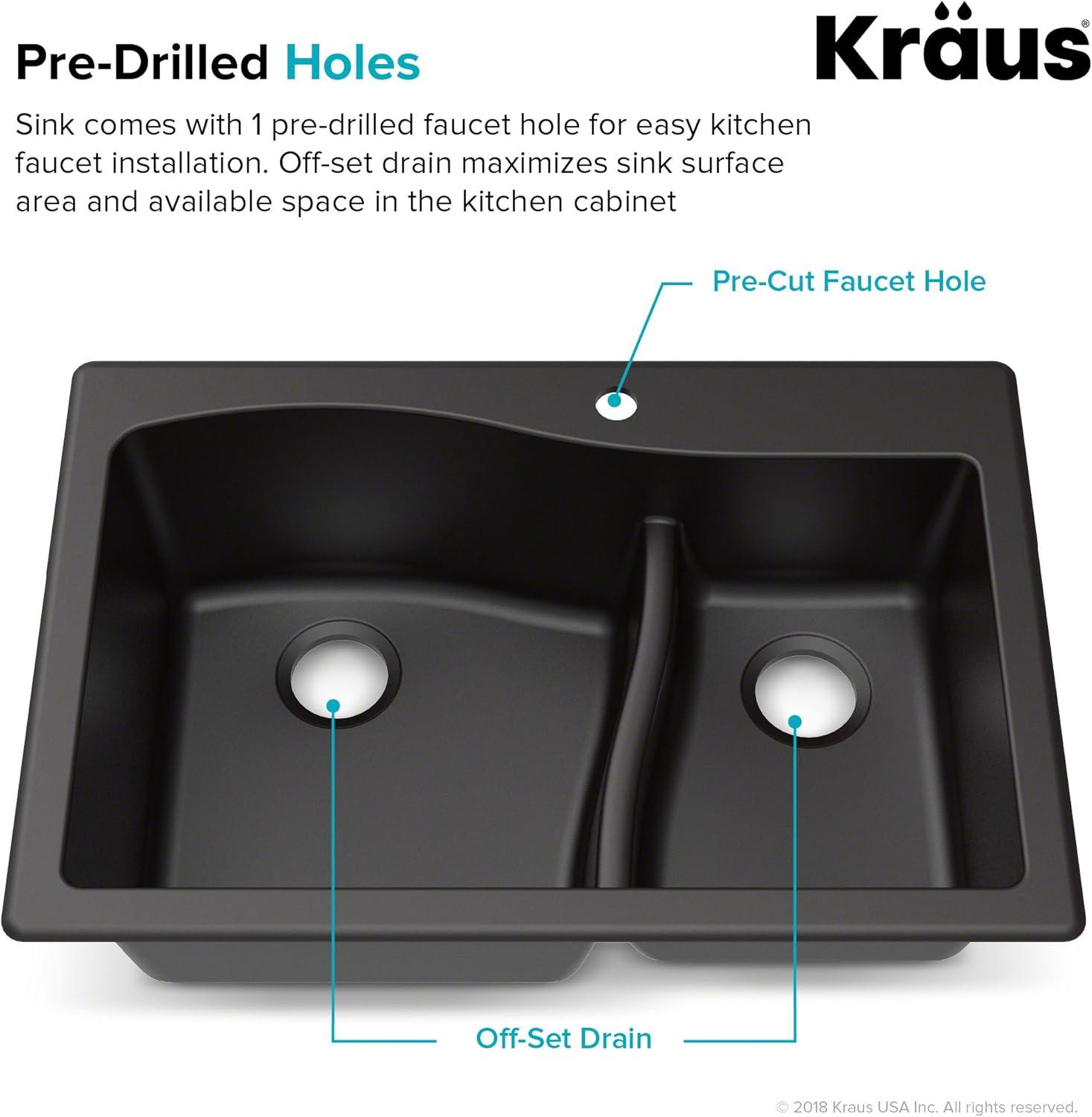 KRAUS Quarza 33-in Dual Mount Double Bowl Granite Kitchen Sink with WasteGuard™ Garbage Disposal