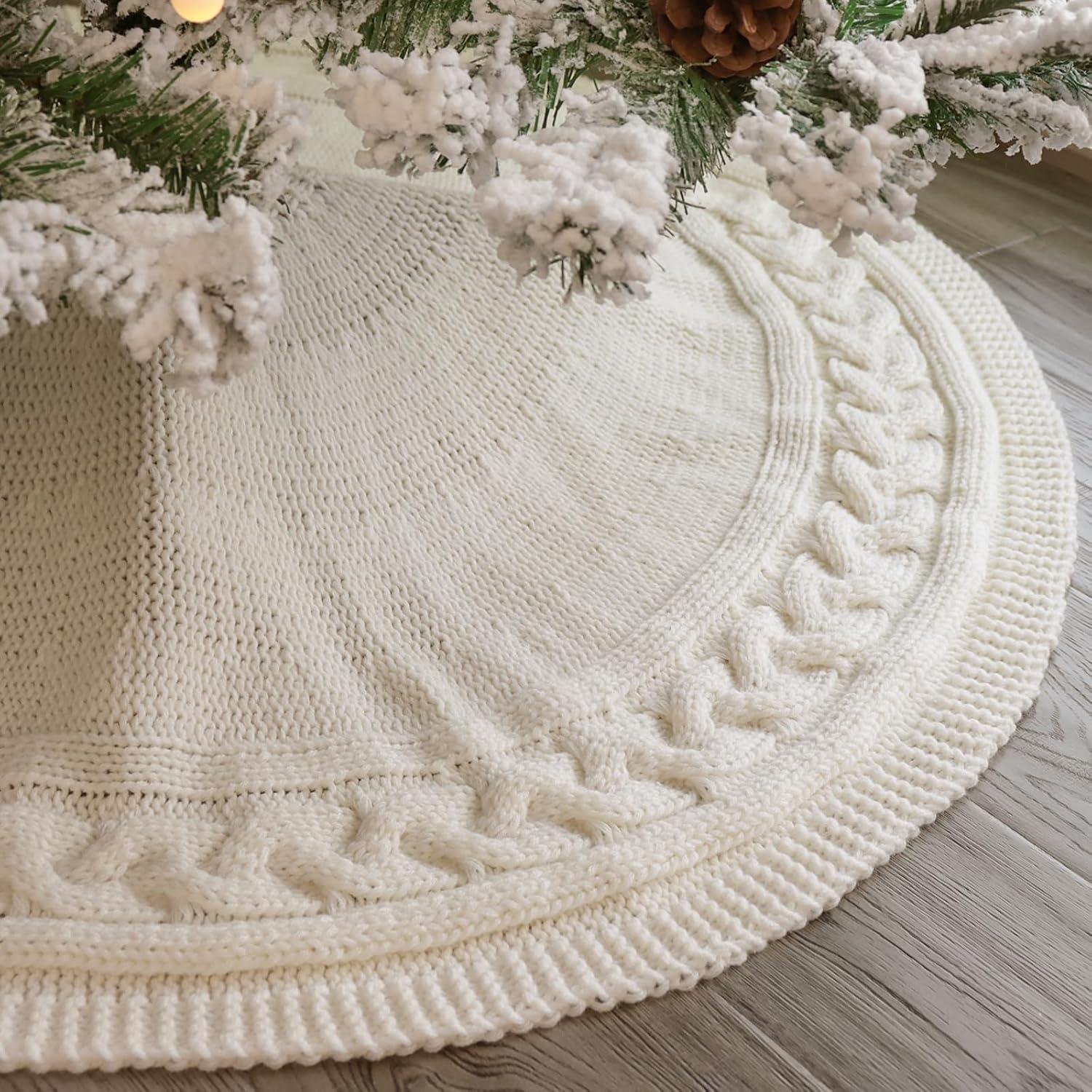 Taotanxi Knitted Christmas Tree Skirt :36 Inches(About 91 Cm)Cream Color White Tree Skirt Woven Twisted Knit Chunky Rustic Christmas Tree Decoration Christmas Holiday Home Party Decoration