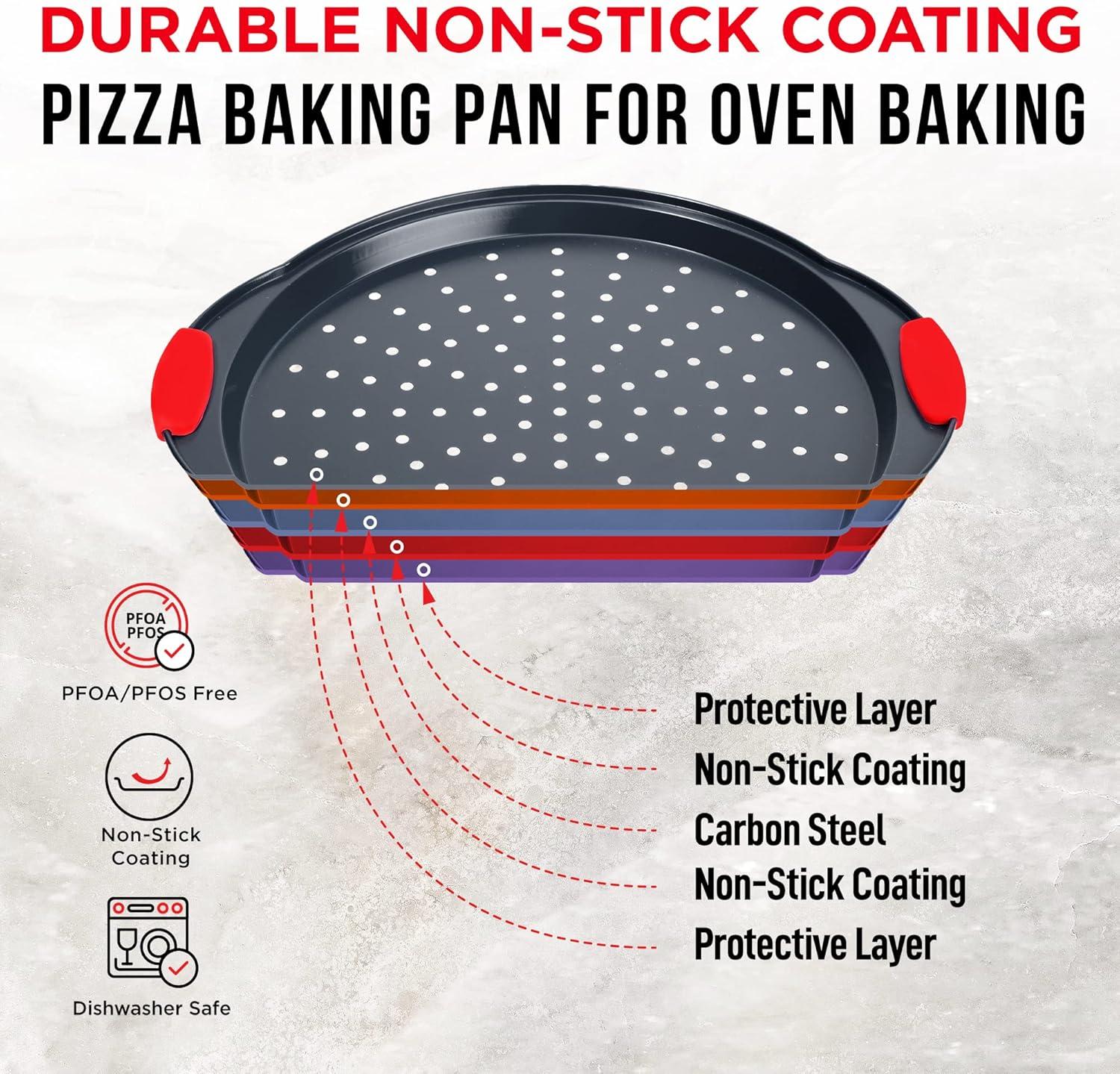 Non-Stick Carbon Steel Perforated Pizza Pans with Silicone Handles