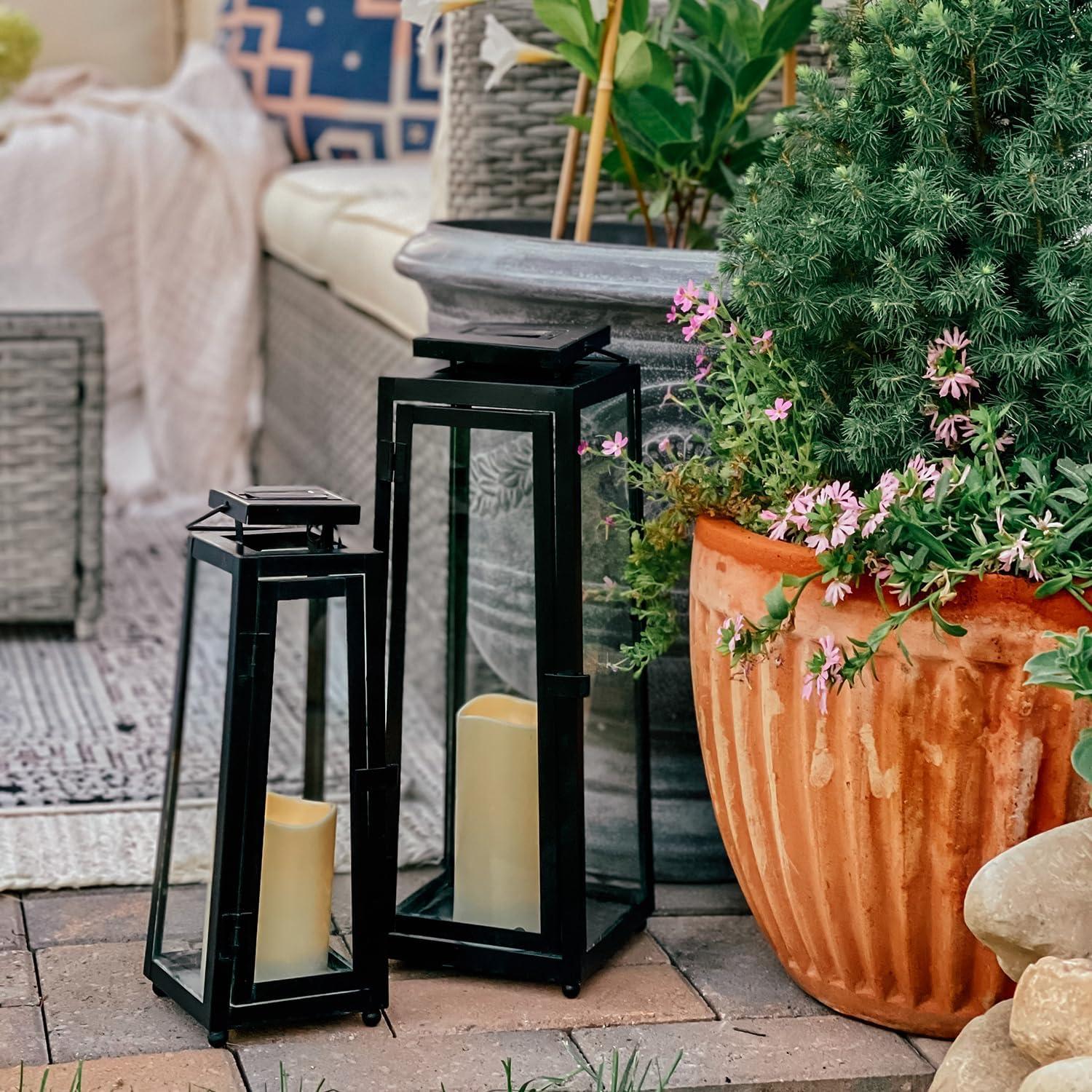 Outdoor Solar Lantern with Flameless Candle Metal & Glass, Dusk to Dawn, Decorative Waterproof