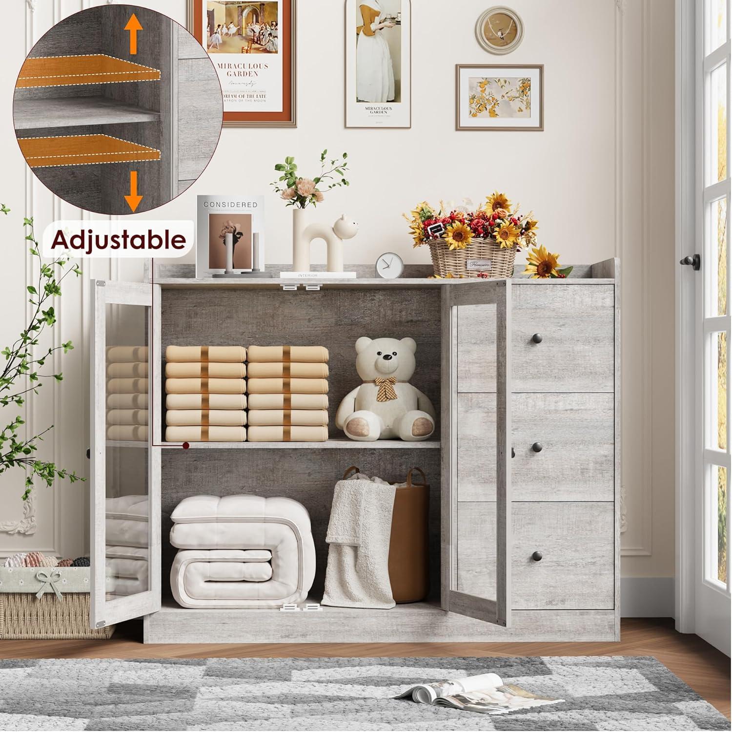 WALYWIK Sideboard Buffet Cabinet with Storage, 43" Coffee Bar Cabinet with Glass Doors and 3 Drawers, Storage Cabinet with Adjustable Shelves for Kitchen, Dining Room, Grey