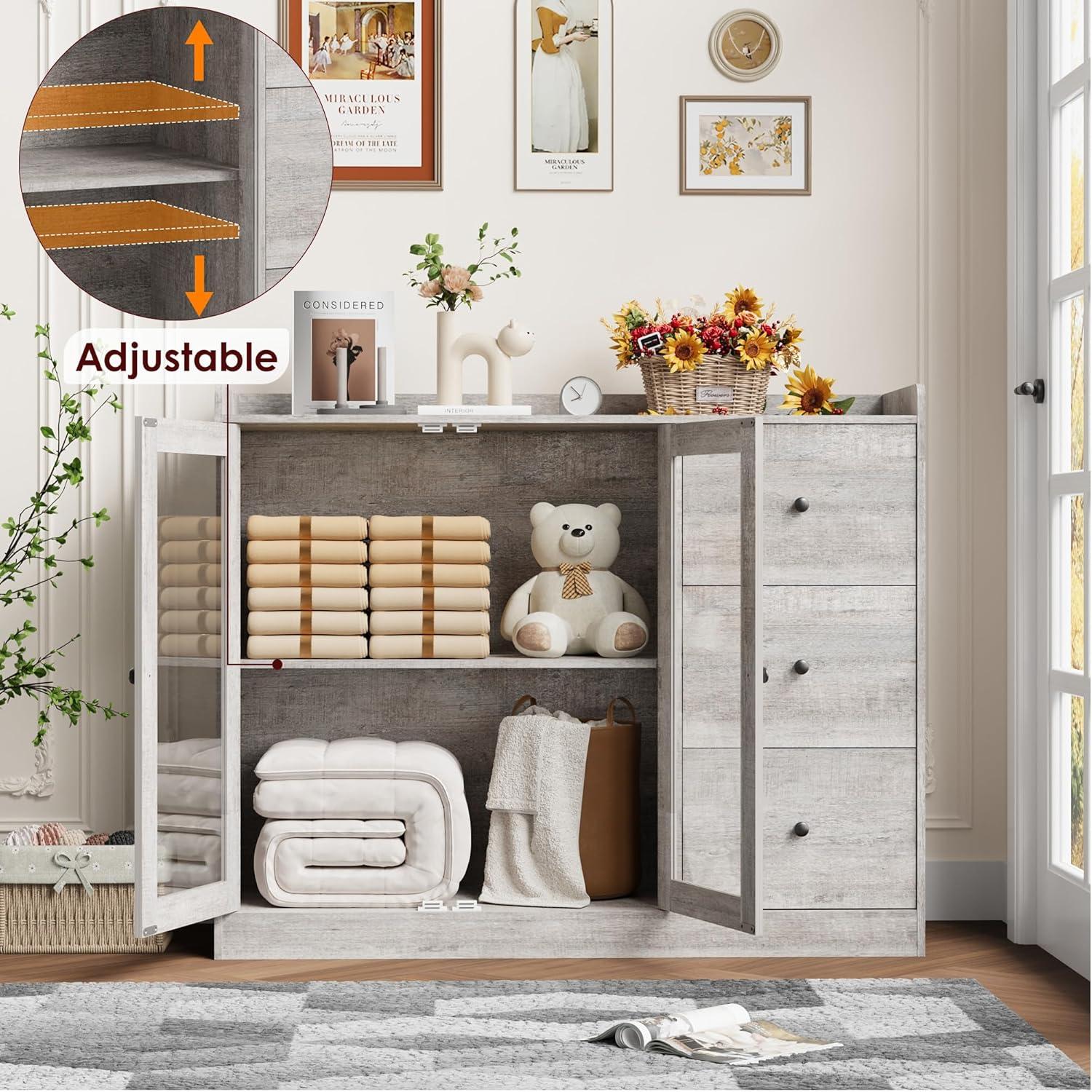 WALYWIK Sideboard Buffet Cabinet with Storage, 43" Coffee Bar Cabinet with Glass Doors and 3 Drawers, Storage Cabinet with Adjustable Shelves for Kitchen, Dining Room, Grey