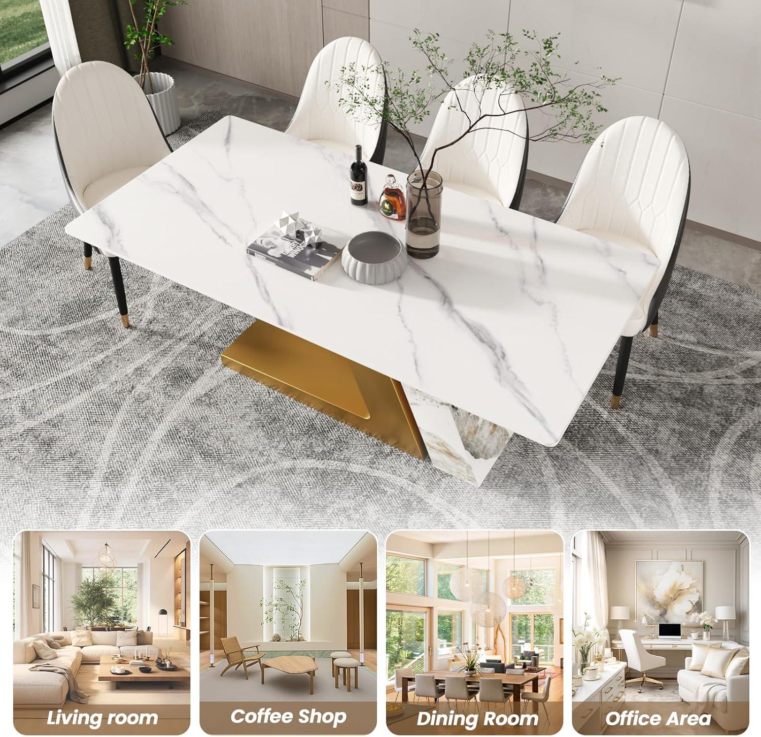 Modern White Marble Rectangular Dining Table with Gold Pedestal