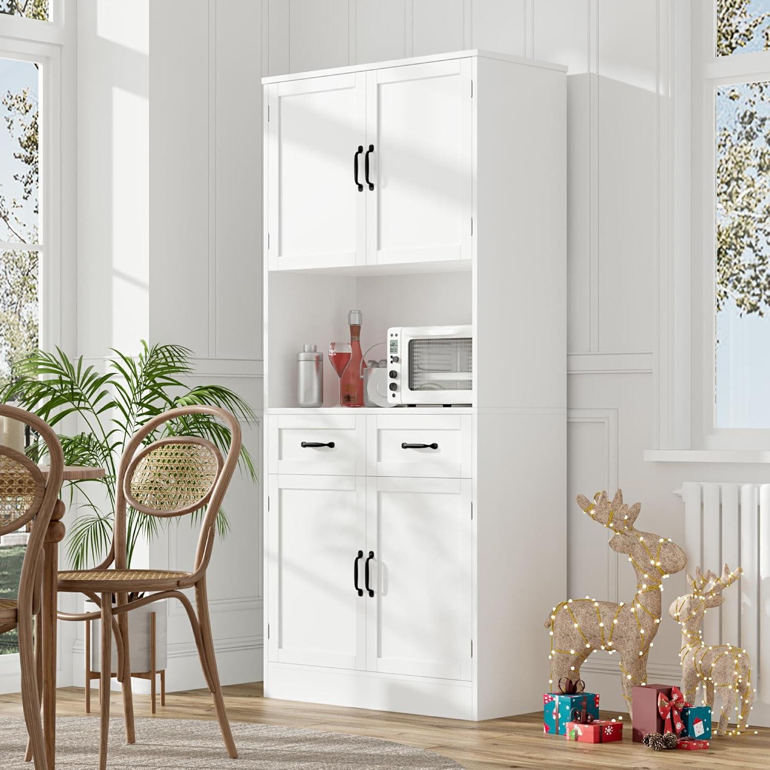 Hokku Designs 71“ Tall Kitchen Pantry Storage Cabinet, Modern Kitchen Hutch Bar Cabinet With Microwave Stand, White