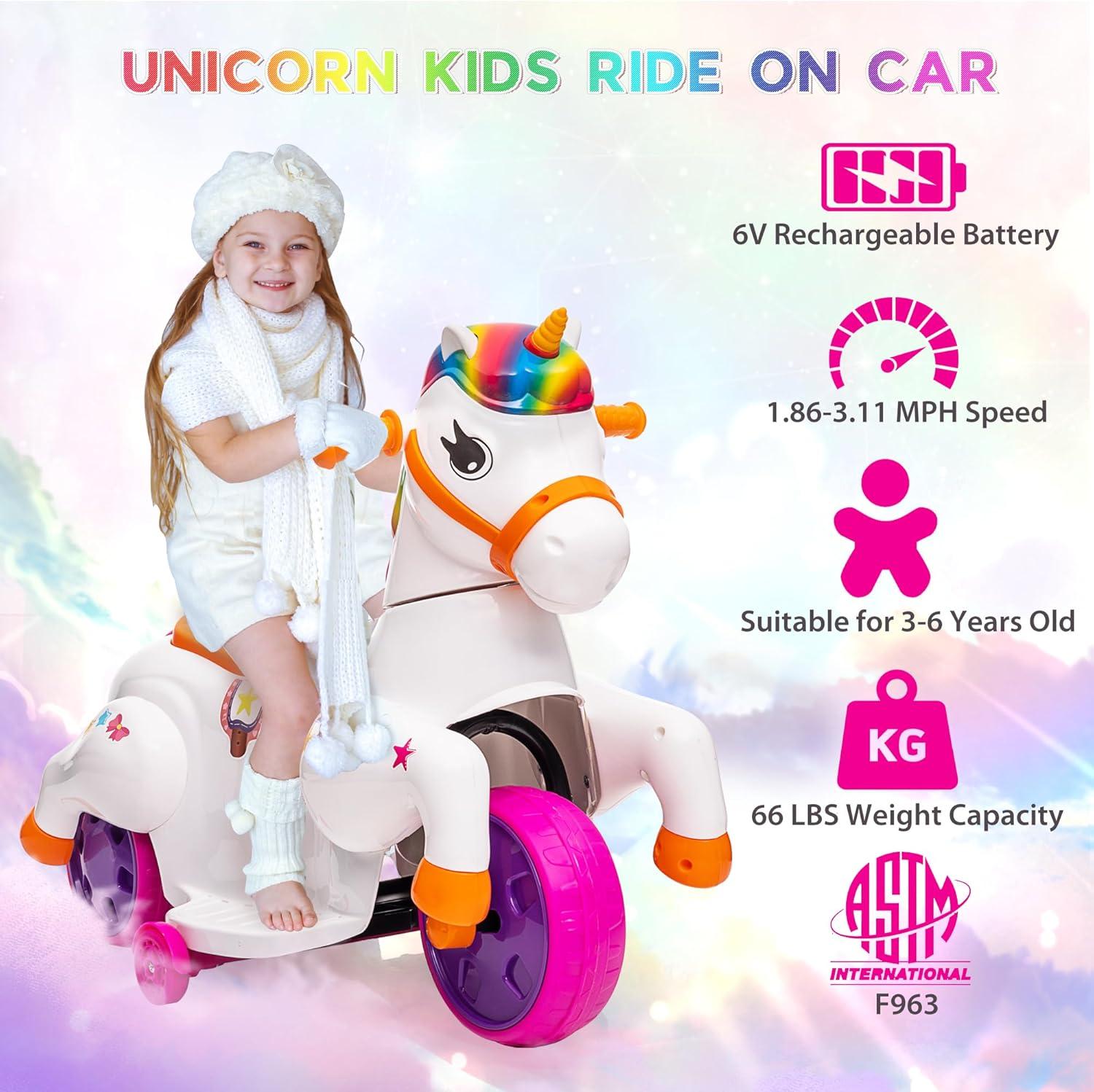 6V Multicolor Electric Unicorn Ride-On Toy with Music