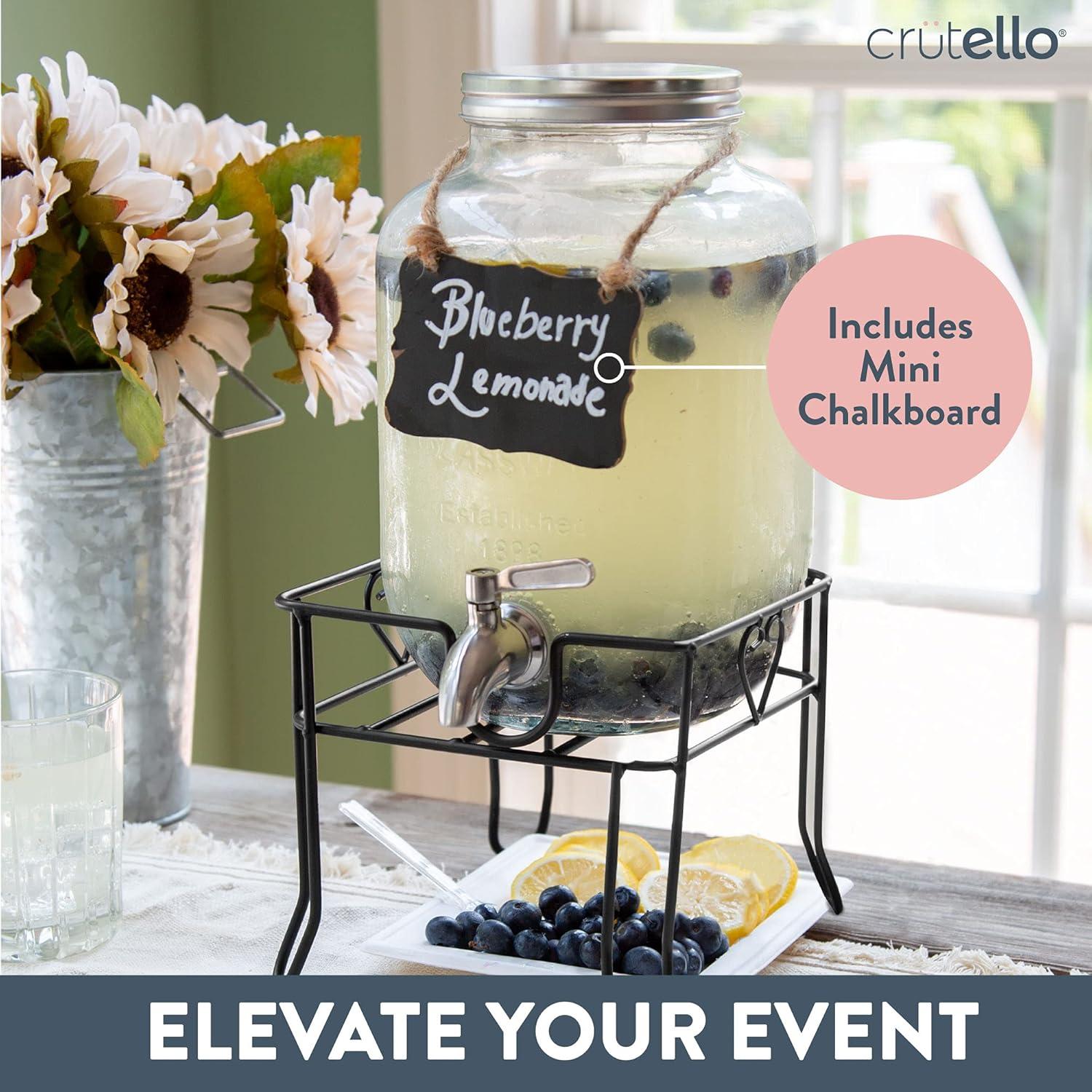 Crutello Outdoor Glass Beverage Dispenser with Stainless Steel Spigot & Ice Cylinder - 2 Gallon Drink Dispenser for Tea, Lemonade, Cold Water & More - A Family-Owned American Brand