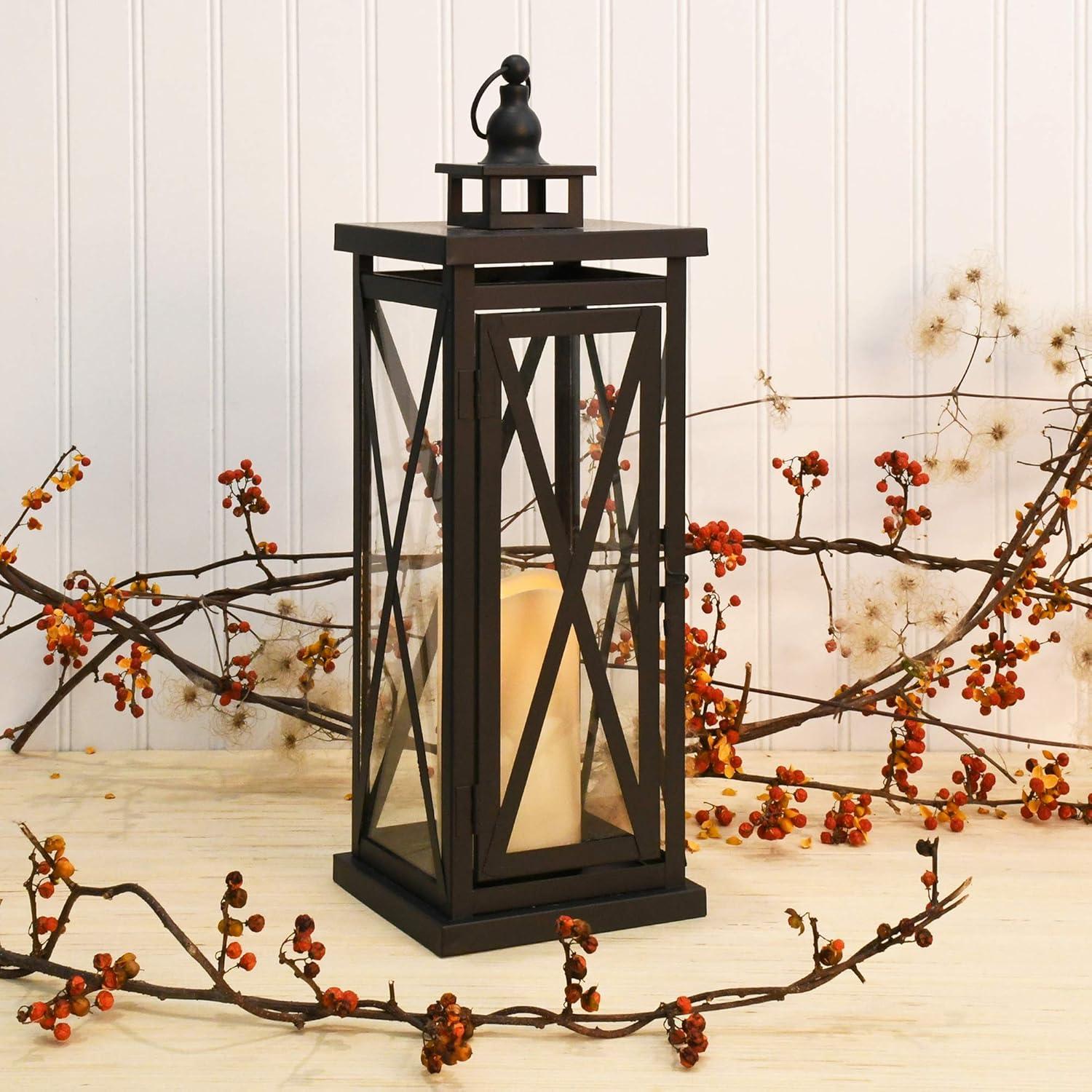 LumaBase Metal Lantern with Battery Operated Candle - Black Crisscross