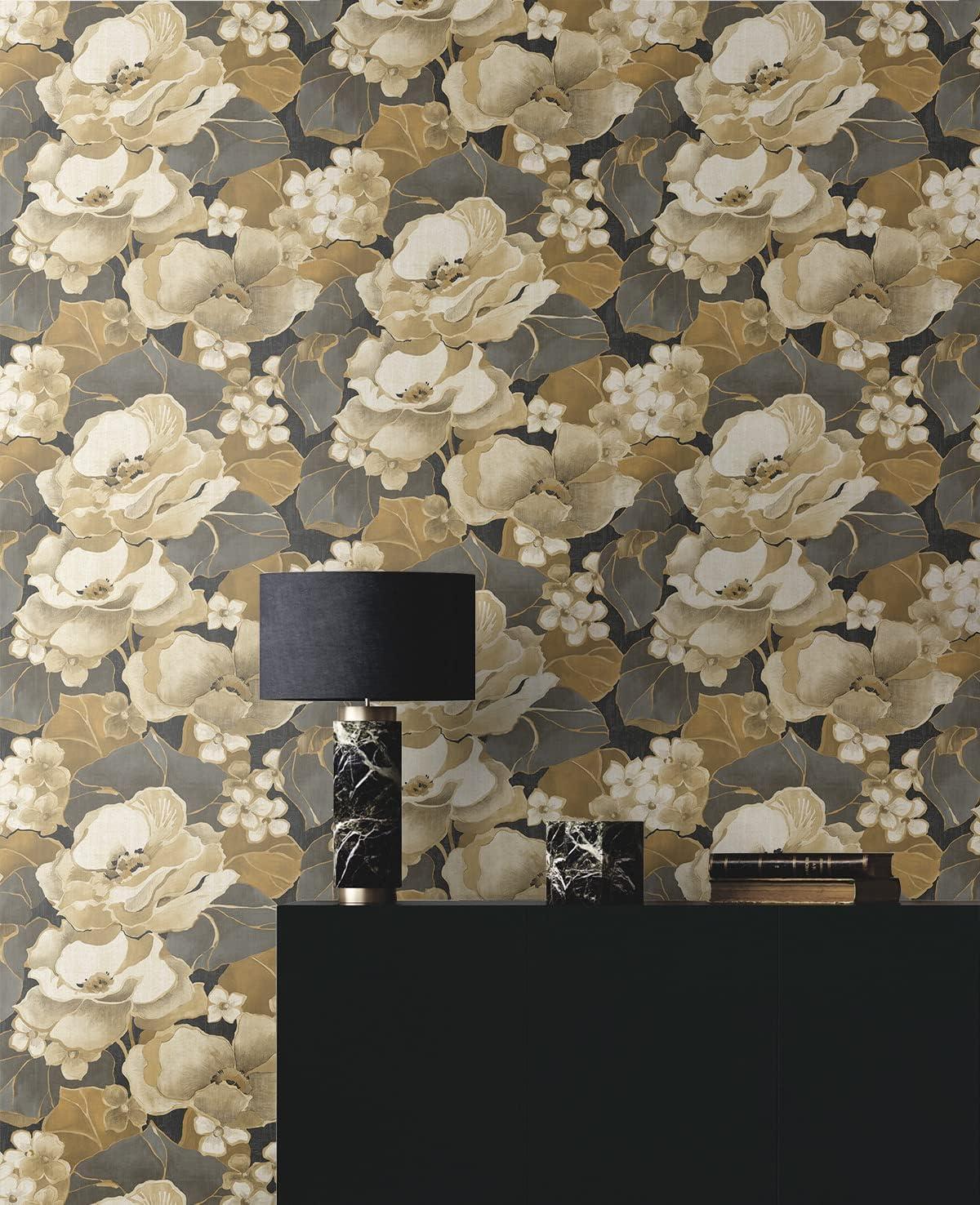 NextWall Ebony & Antique Gold Nouveau Floral Peel and Stick Wallpaper