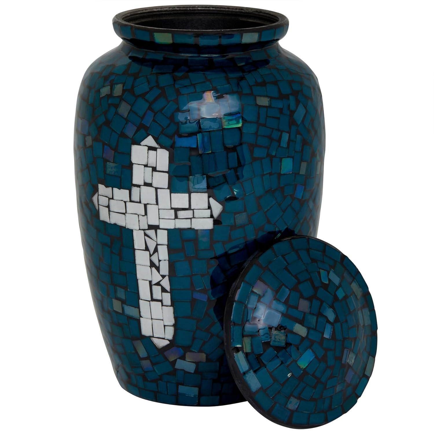 Mosaic Glass Cremation Urn - Hand Made Funeral Urn for Human Ashes - Large Adult Size Burial Urn - Hand Applied Individual Tiles Create a one of a Kind Work of Art - 200 cu in (Deep Blue Cross)