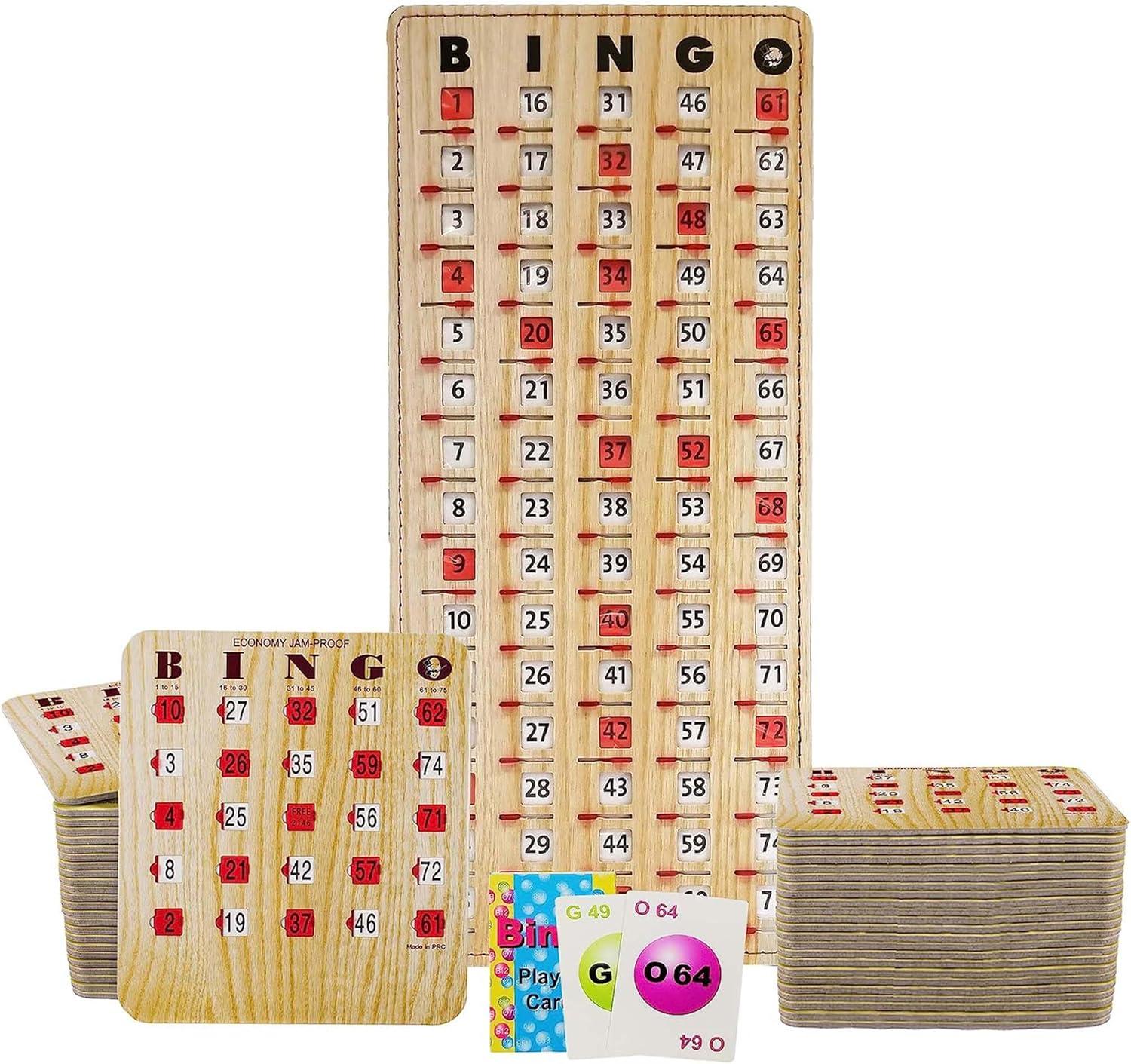 MR CHIPS Jam-Proof Bingo Cards with Sliding Windows - 50 Reusable Shutter Bingo Cards - 75 Bingo Calling Cards - 1 Bingo Master Board - Tan Style