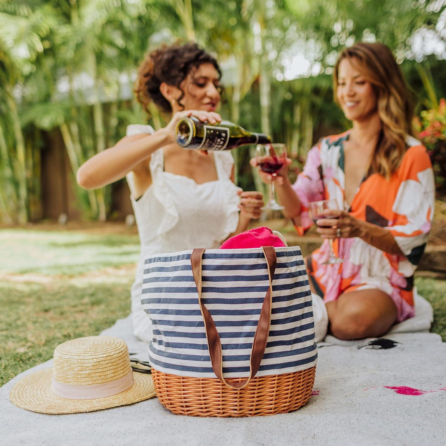 Picnic Time Coronado Canvas and Willow Basket Tote with Navy Blue and White Stripe