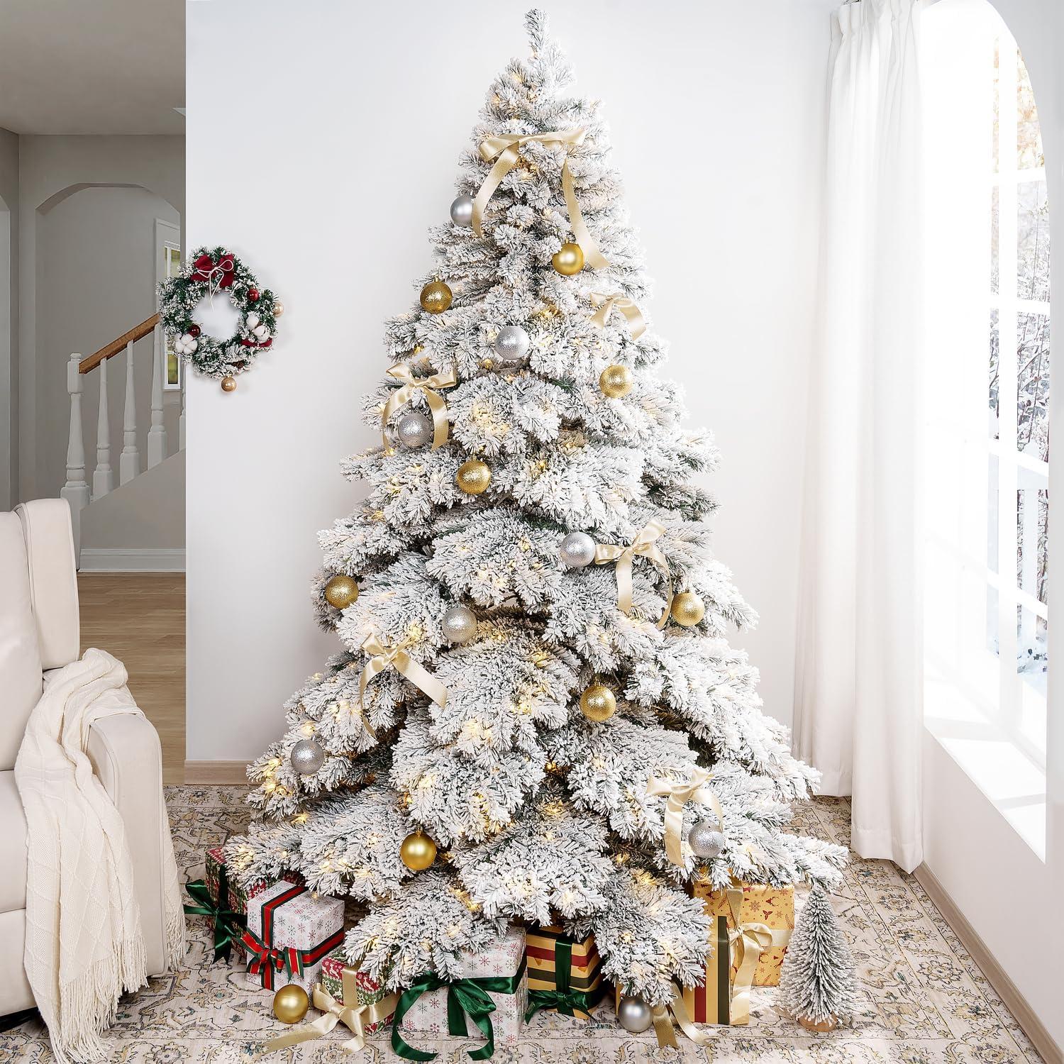 Brittany 7.5ft Snow Flocked Christmas Tree Prelit with 1324 Branch Tips, 650 Warm Lights and Metal Stand, 57" wide Realistic Nevada Frosted Christmas Tree with Lights by Naomi Home