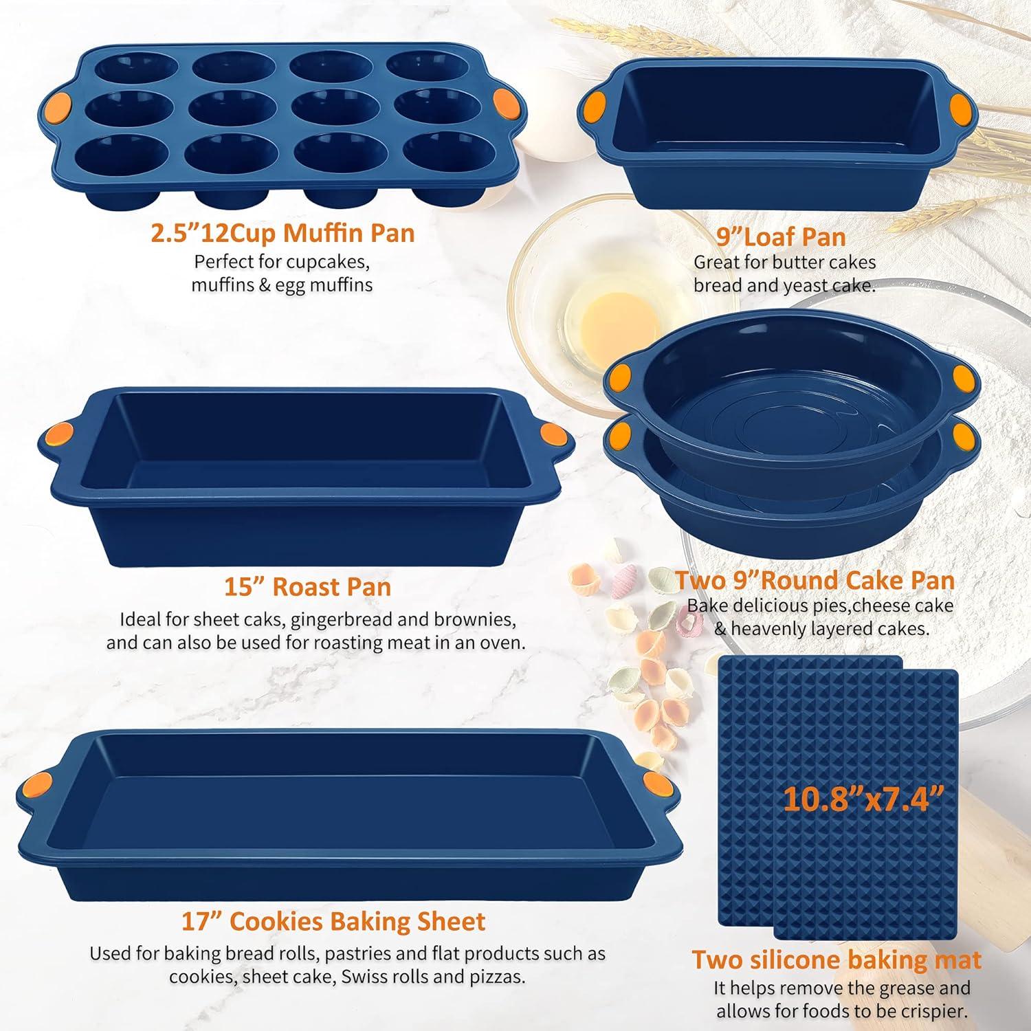 Navy Blue 8-Piece Silicone Baking Set with Metal Reinforced Frame