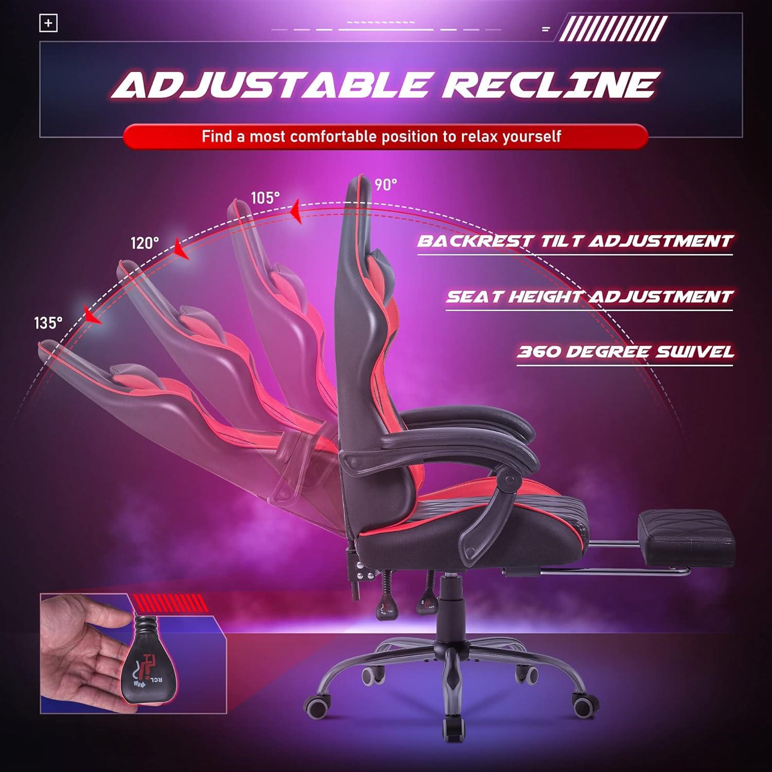 Shahoo Gaming Chair with Footrest and Massage Lumbar Support, Computer Game Chairs Ergonomic Office Seat Height Adjustable with Headrest, Red