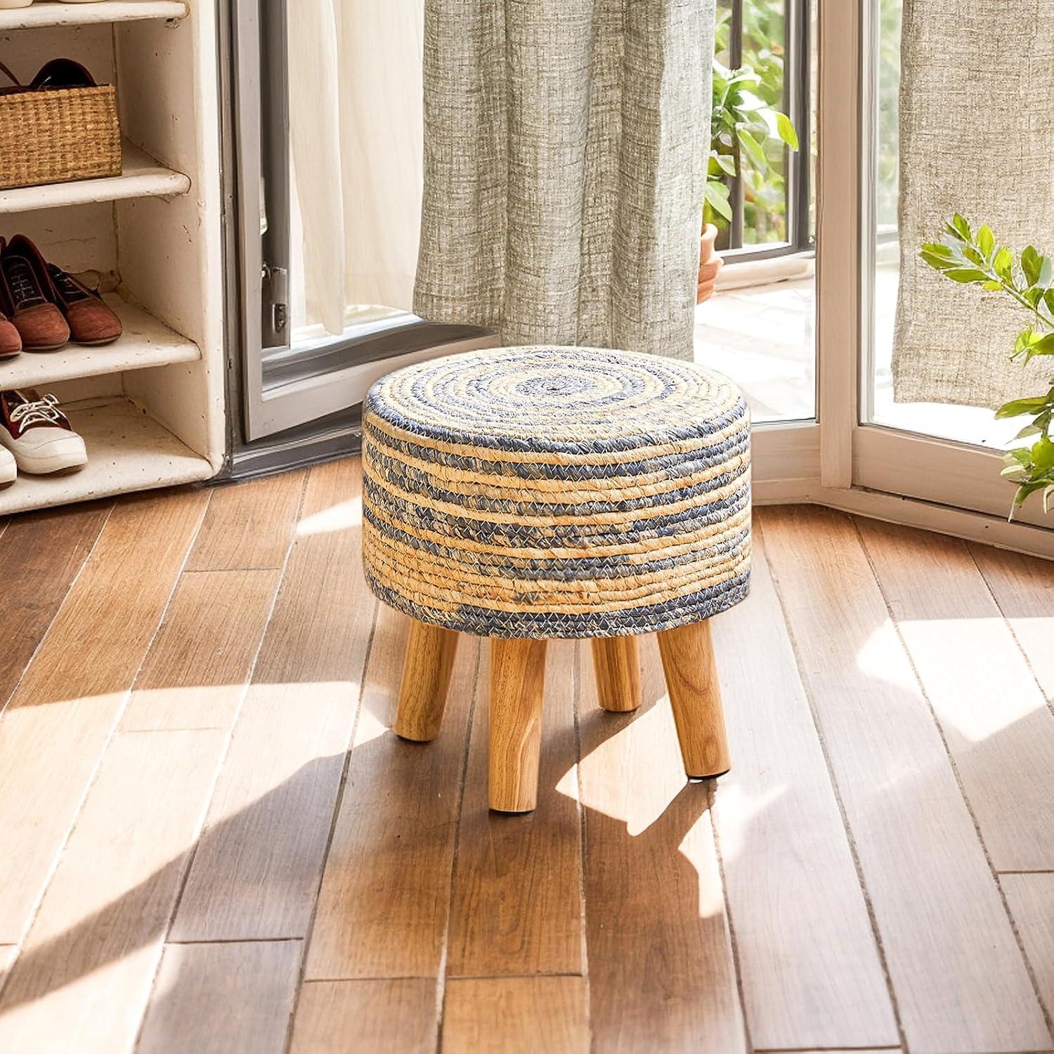 YMYNY Foot Stool Natural Seagrass Hand Weave, 12.6" Small Ottoman, Round Footrest for Living Room, Bedroom, Entryway, Change Shoes Stool, Non-Skid Wood Legs, Boho, Blue+White UHBD027QW
