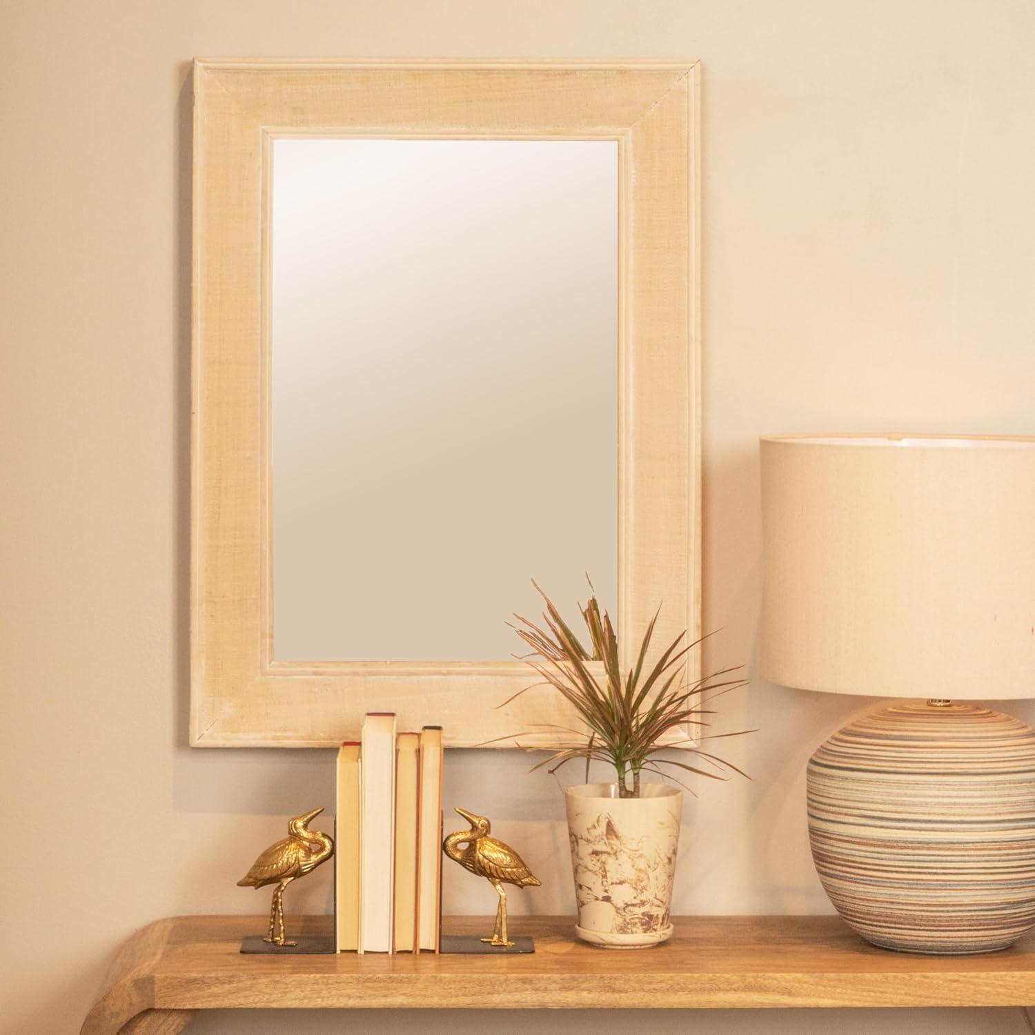 Rectangle Wall Mirror with Rattan Detail White - Storied Home: Coastal Style, Firwood & Glass, No Assembly Required