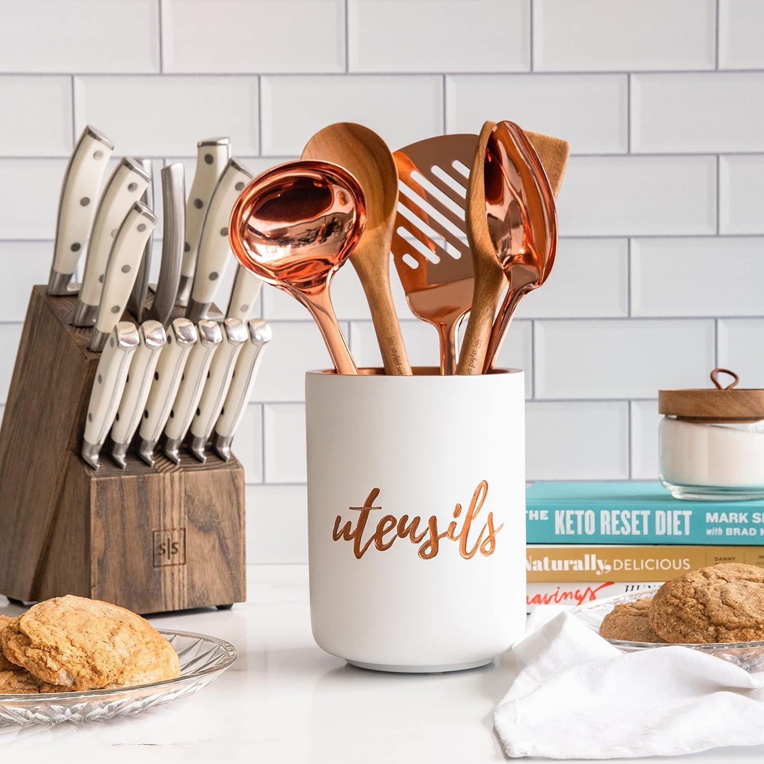 STYLED SETTINGS White Ceramic Utensil Holder with Interior Copper Finish - Large and Sturdy Spatula Holder - Rose Gold Kitchen Accessories, Stylish Countertop Utensil Organizer