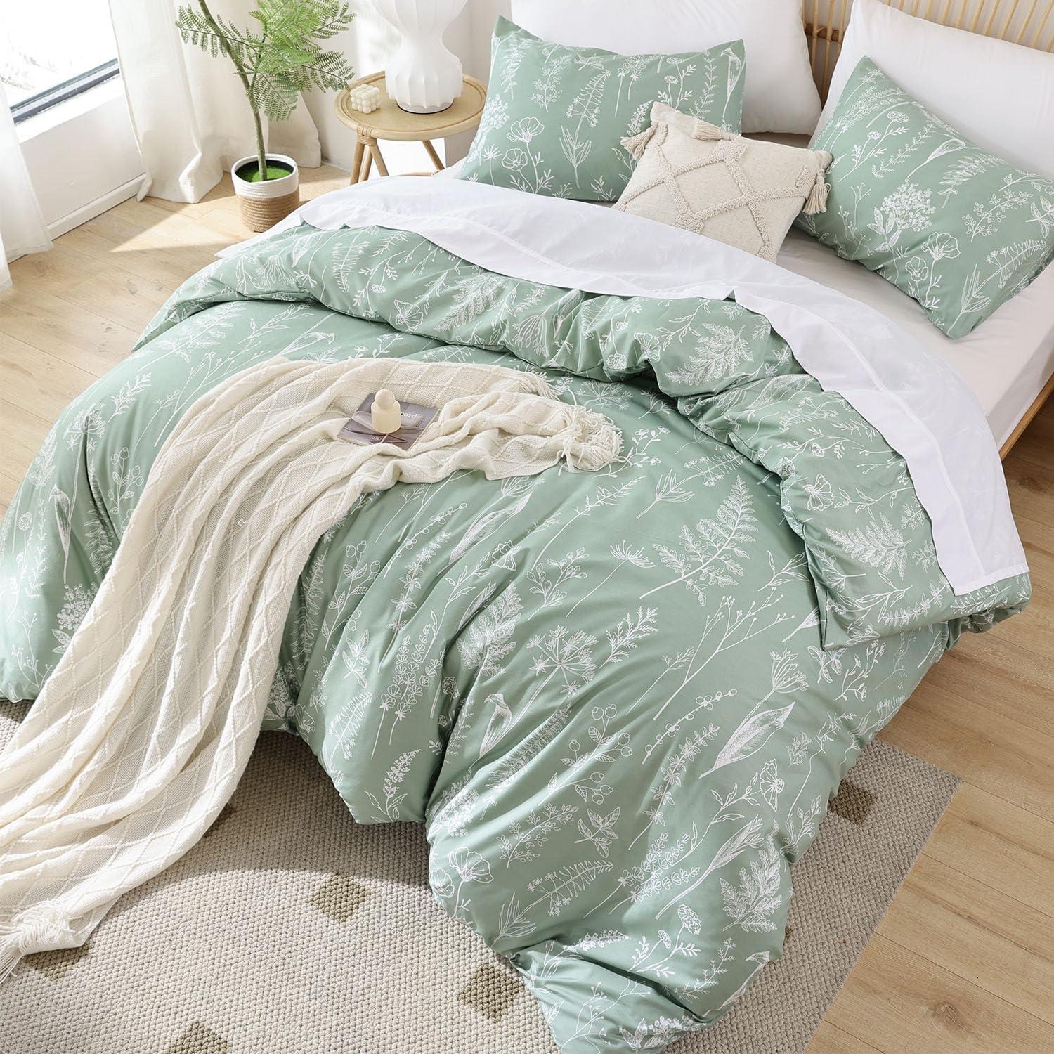 2 Pcs Floral Printed Reversible Sage Green Comforter Set Twin/Twin XL Size Soft Designed Plants Pattern Bedding Set - Bedsure