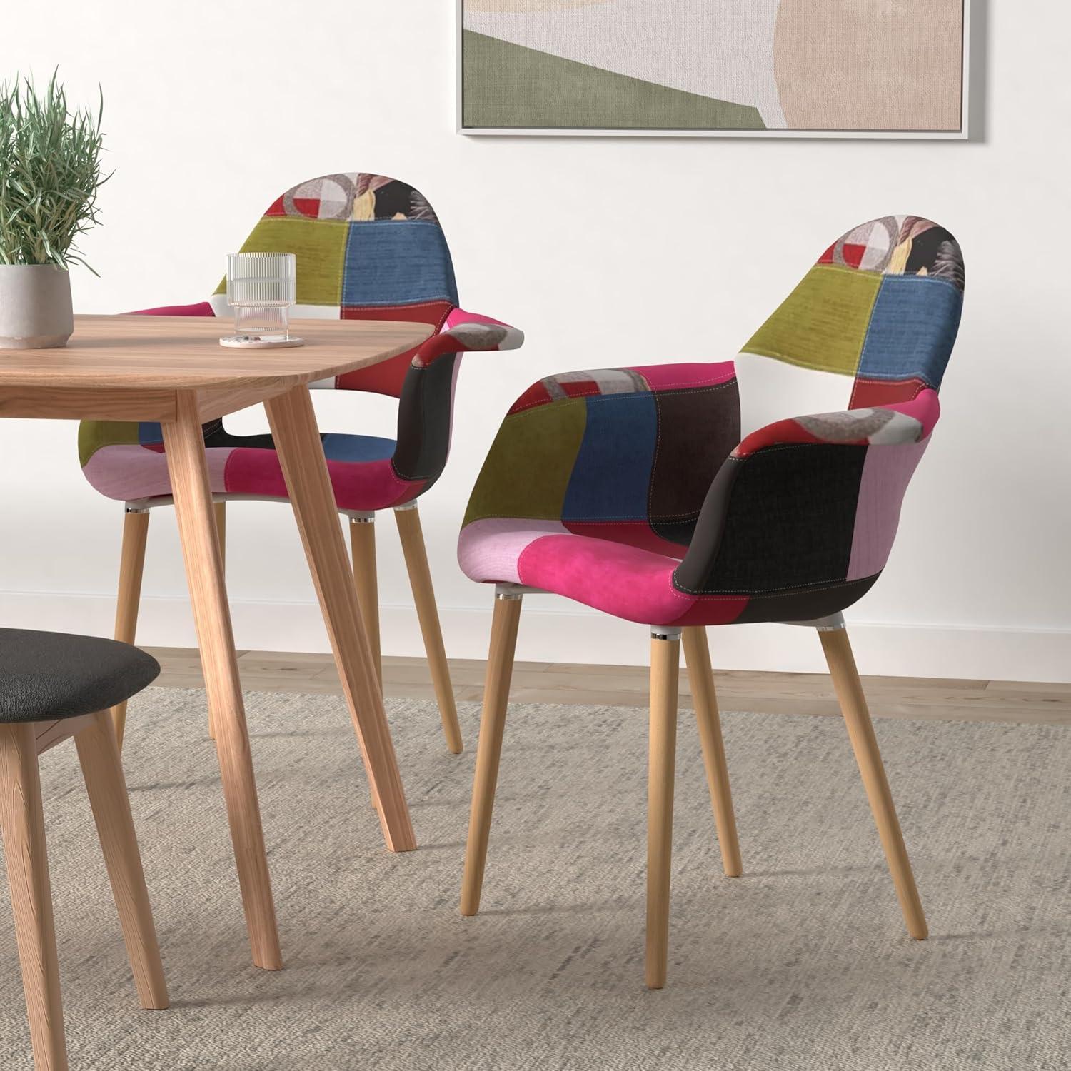 2xhome - Set of 2 Organic Upholstered Patchwork Pattern Quilted Fabric Modern Armchairs with Natural Wooden Legs for Dining Room Office or Accent Chair (Ann)
