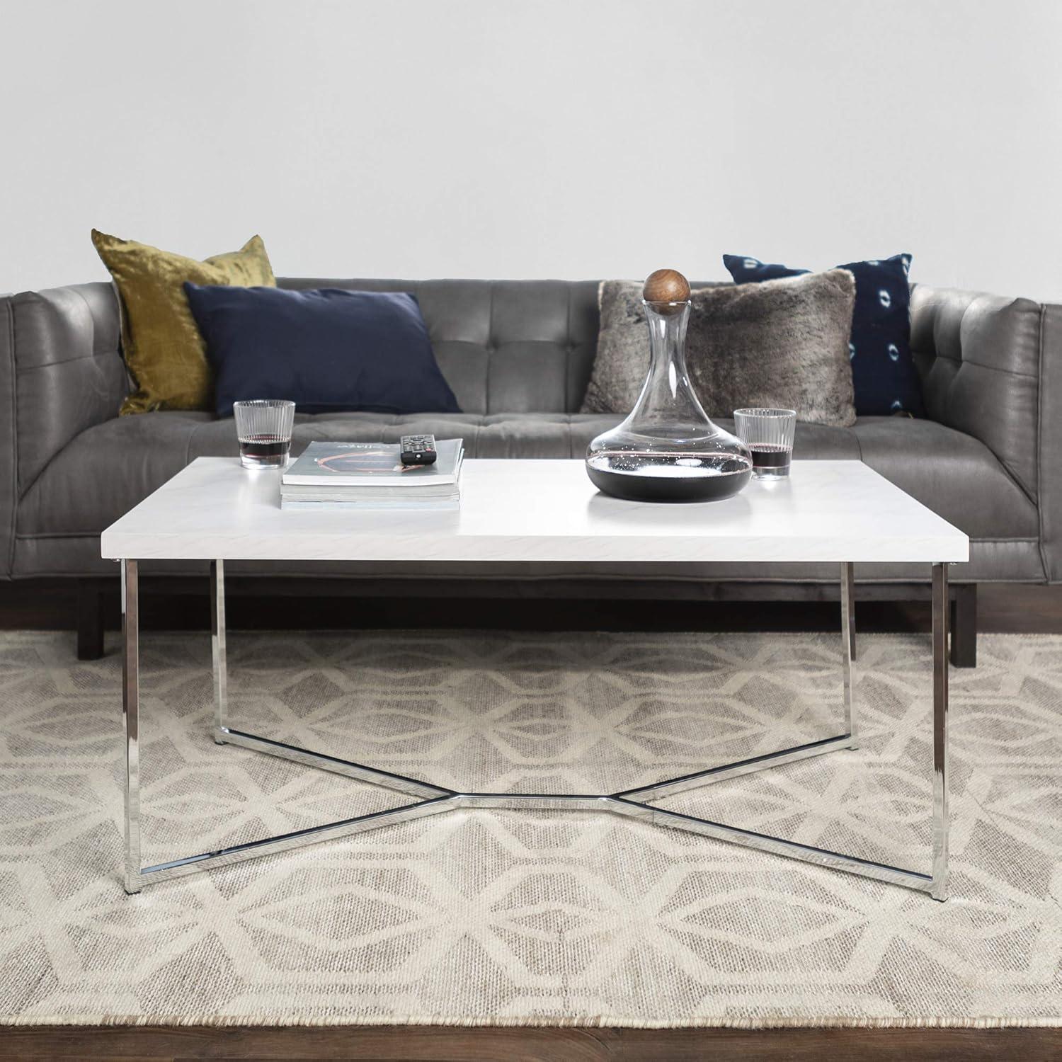 42" Rectangular Coffee Table in White Faux Marble with Chrome Metal Base