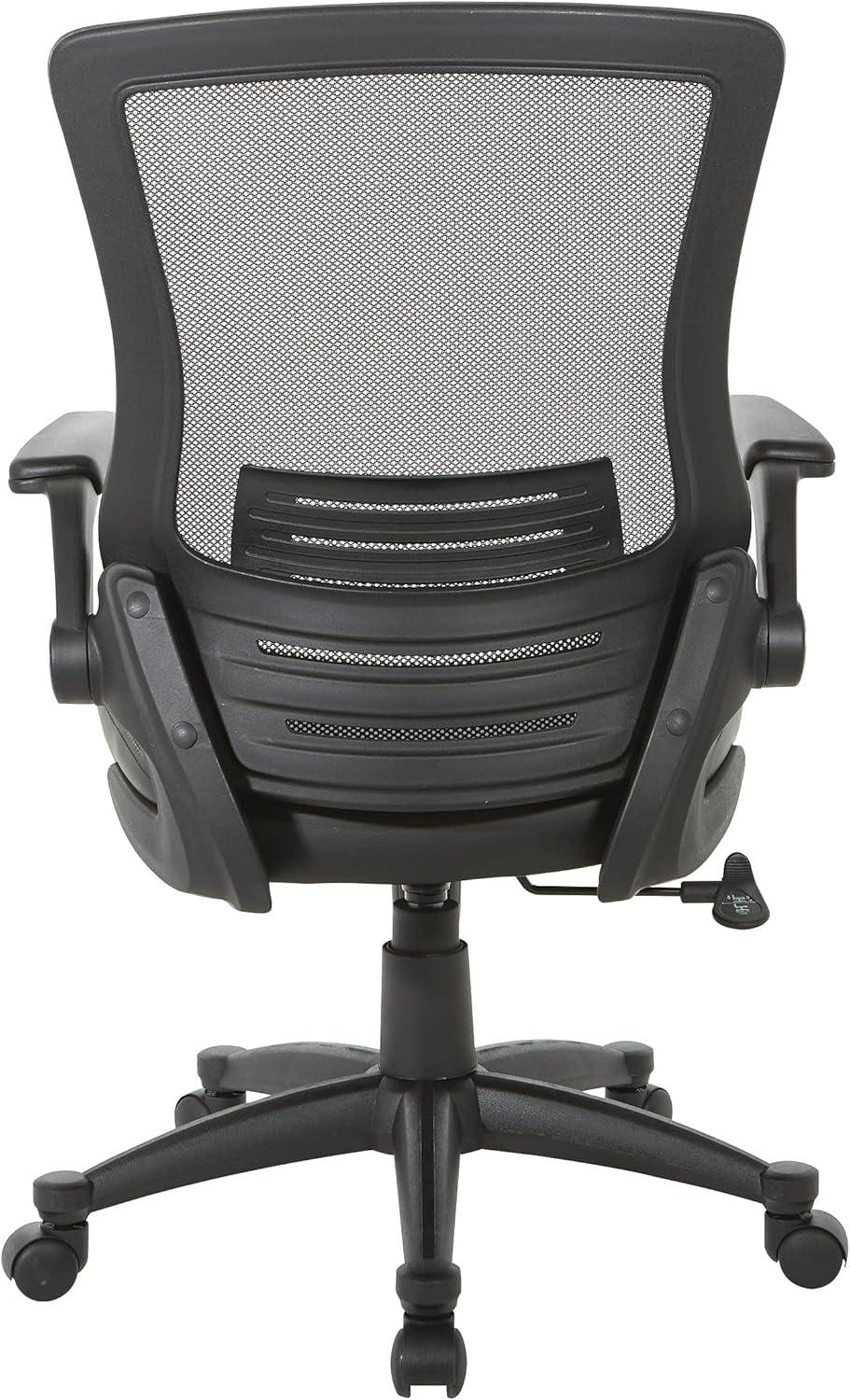 Office Star Products Screen Back Manager's Chair in Black Faux Leather Seat with PU Padded Flip Arms with Silver Accents