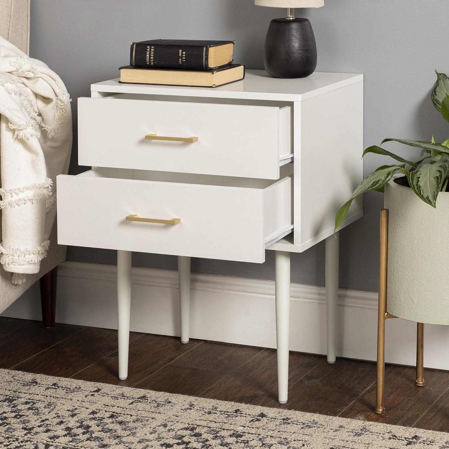 White 2-Drawer Mid-Century Modern Nightstand with Gold Handles