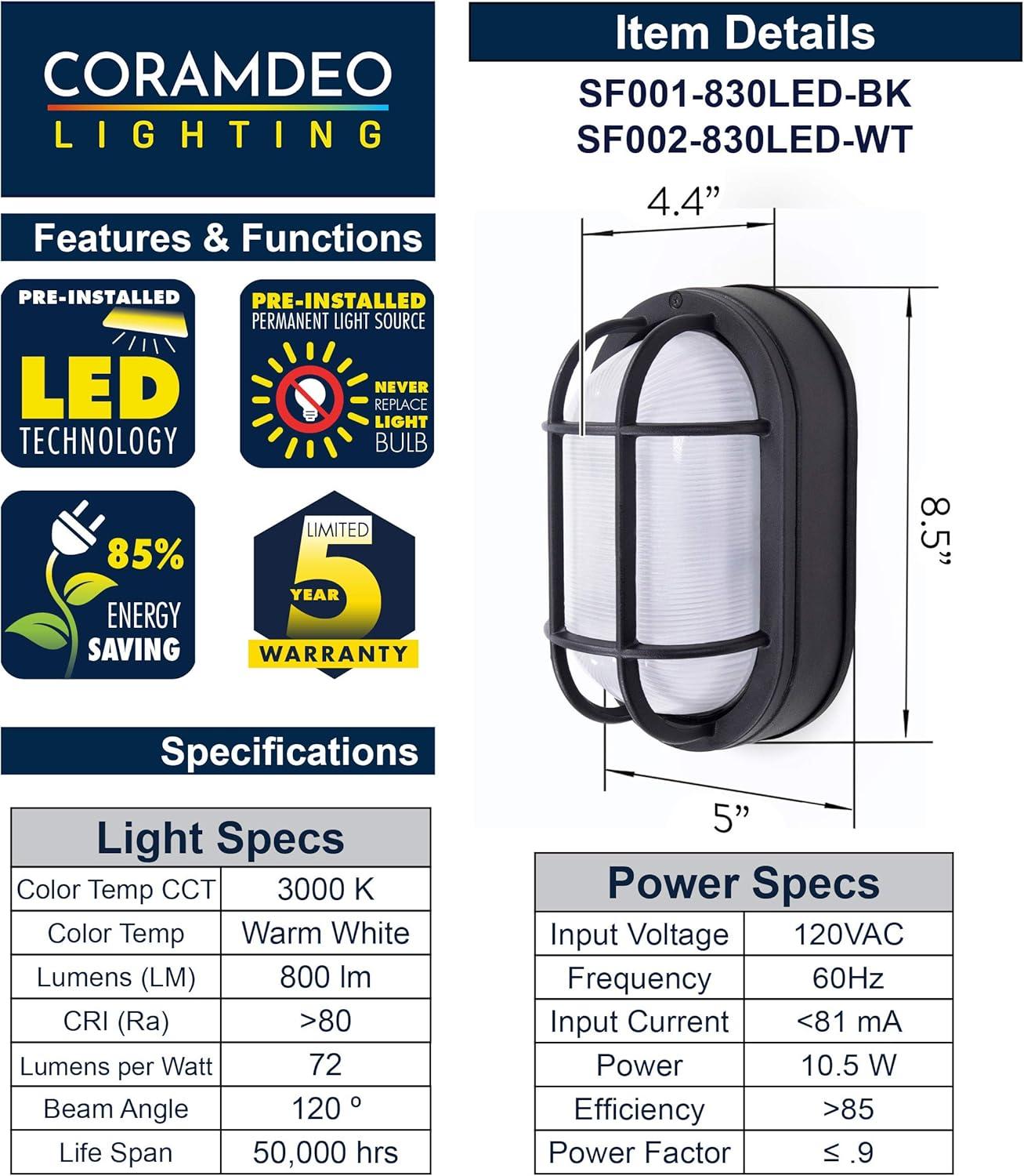 CORAMDEO Outdoor 8.5" Oval LED Nautical Bulkhead Light, Flush Mount for Wall or Ceiling, Wet Location, 75W of Light, 800 Lumens, 3K, Black Cast Aluminum with Frosted Glass Lens (CD-SF001-830LED)