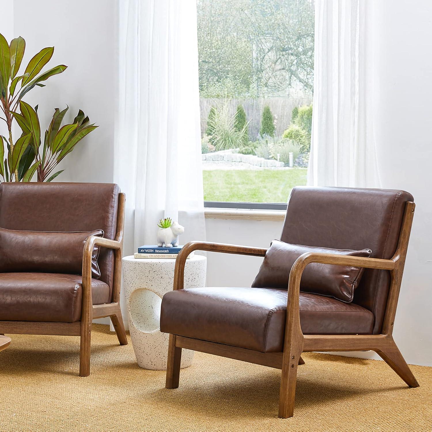 Glitzhome 2 Set Mid Century Coffee Accent Armchair, Single Reading Armchair PU Leather Lounge Chair with Walnut Ruberwood Frame