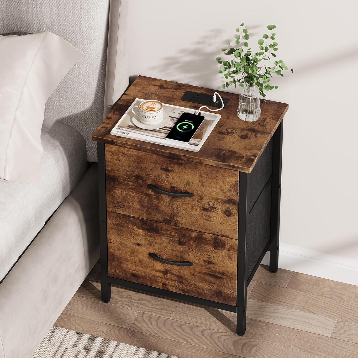 Nightstand Set Of 2 With Charging Station, End Table Bedside Table With Power Outlet & USB Ports, Side Table With 2 Fabric Drawers For Bedroom, Living Room, Rustic Brown