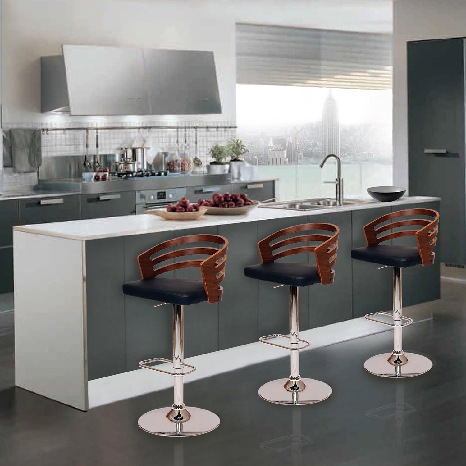 Contemporary Black Leather Swivel Barstool with Chrome and Walnut Accents