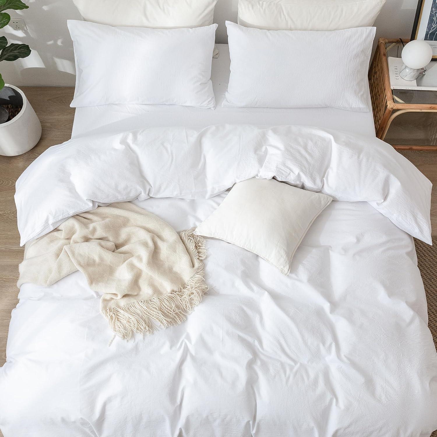 QUALITY FLOORING INC. Bedding Duvet Cover Set 100% Washed Cotton Linen Like Textured Breathable Durable Soft Comfy (Off White, King)