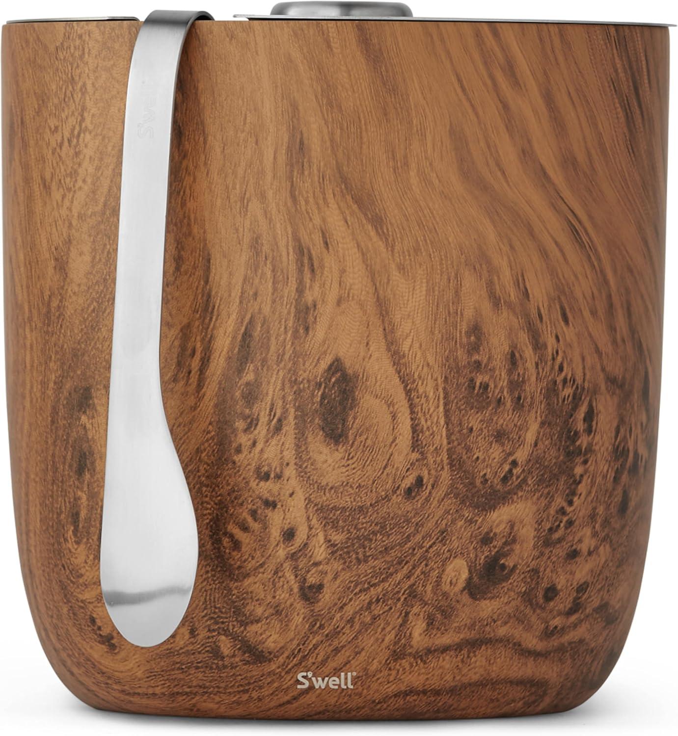 S'well Wood Triple-Layered Vacuum-Insulated Stainless Steel Ice Bucket with Tongs, Teakwood