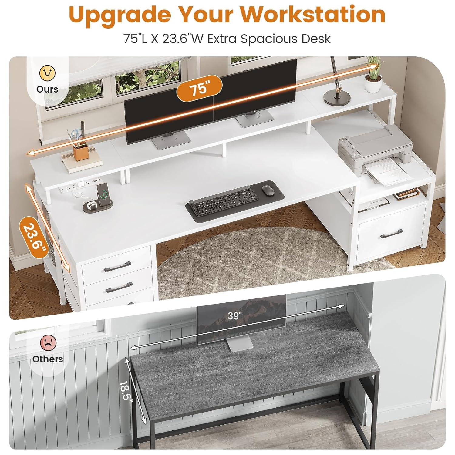 75 Inch Computer Desk with 5-Drawer Power Outlet & Led Lights, Home Office Desk with File Drawer, Storage Shelves, Printer Cabinet and Monitor Stand, Large Desktop Gaming Desk, White