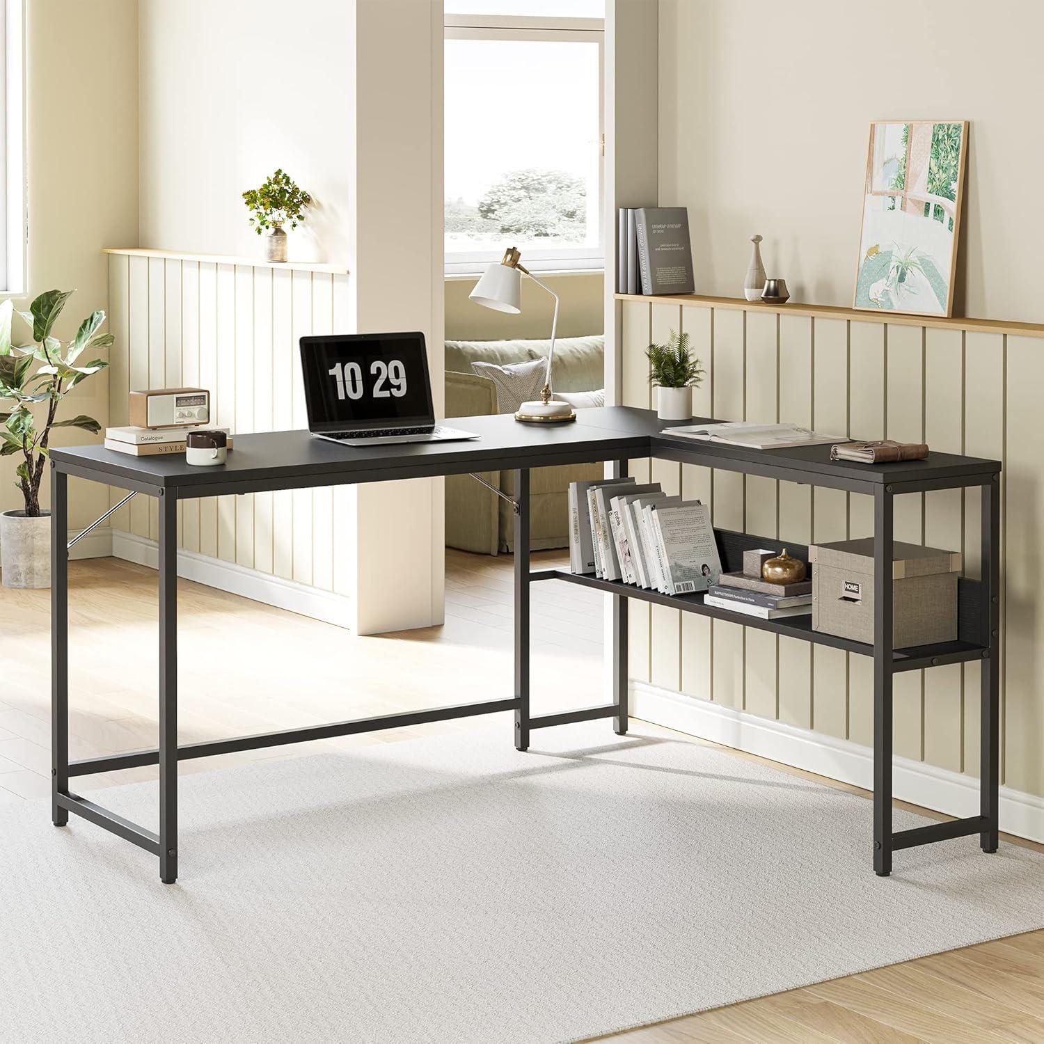 L-Shaped Desk with Drawers - 55 in Reversible Black Office Desk for Home Office, Computer Desk with Storage for Bedroom, L-Shaped Computer Desk with USB Ports and Bookshelf