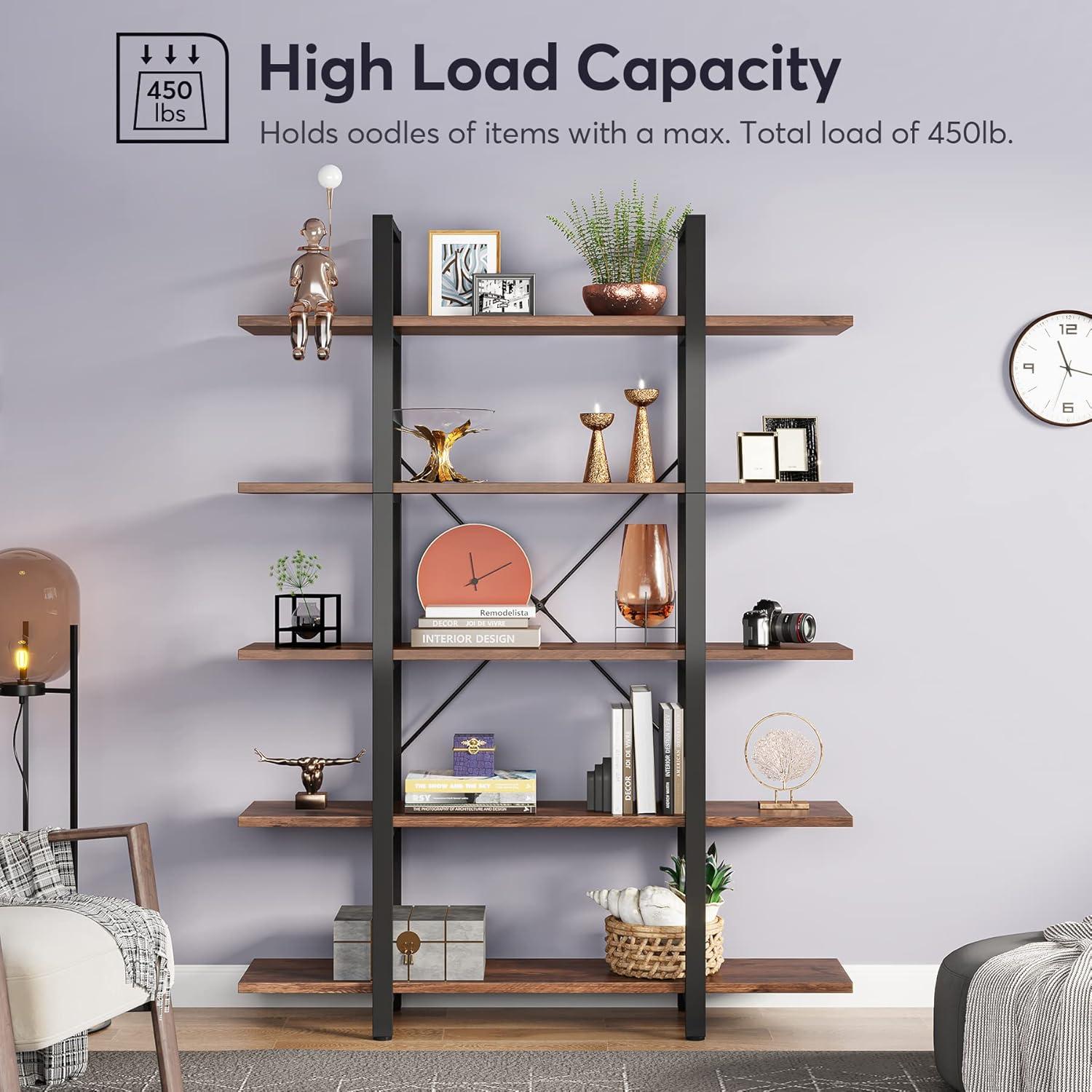 Tribesigns 5-Tier Retro Brown Metal Frame Industrial Bookshelf