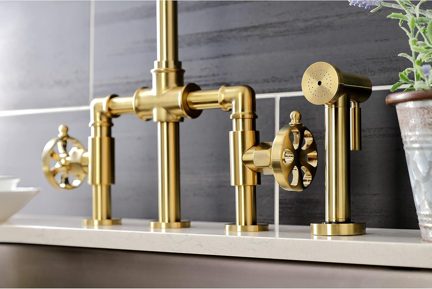 Kingston Brass Two-Handle 4-Hole Deck Mount Industrial Style Bridge Kitchen Faucet with Brass Side Sprayer