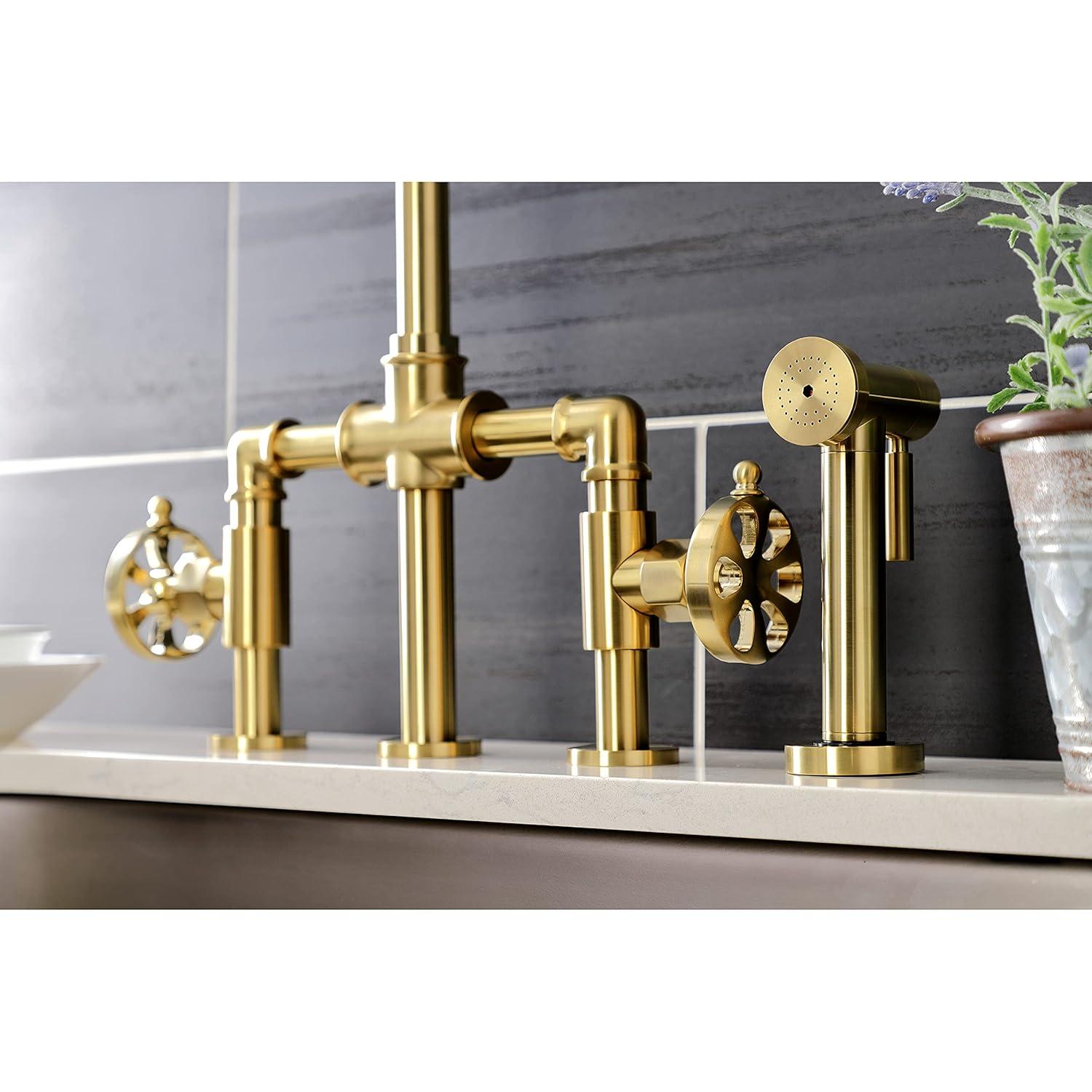 Kingston Brass Kingston Brass Two-Handle 4-Hole Deck Mount Industrial Style Bridge Kitchen Faucet with Brass Side Sprayer KS2333RX