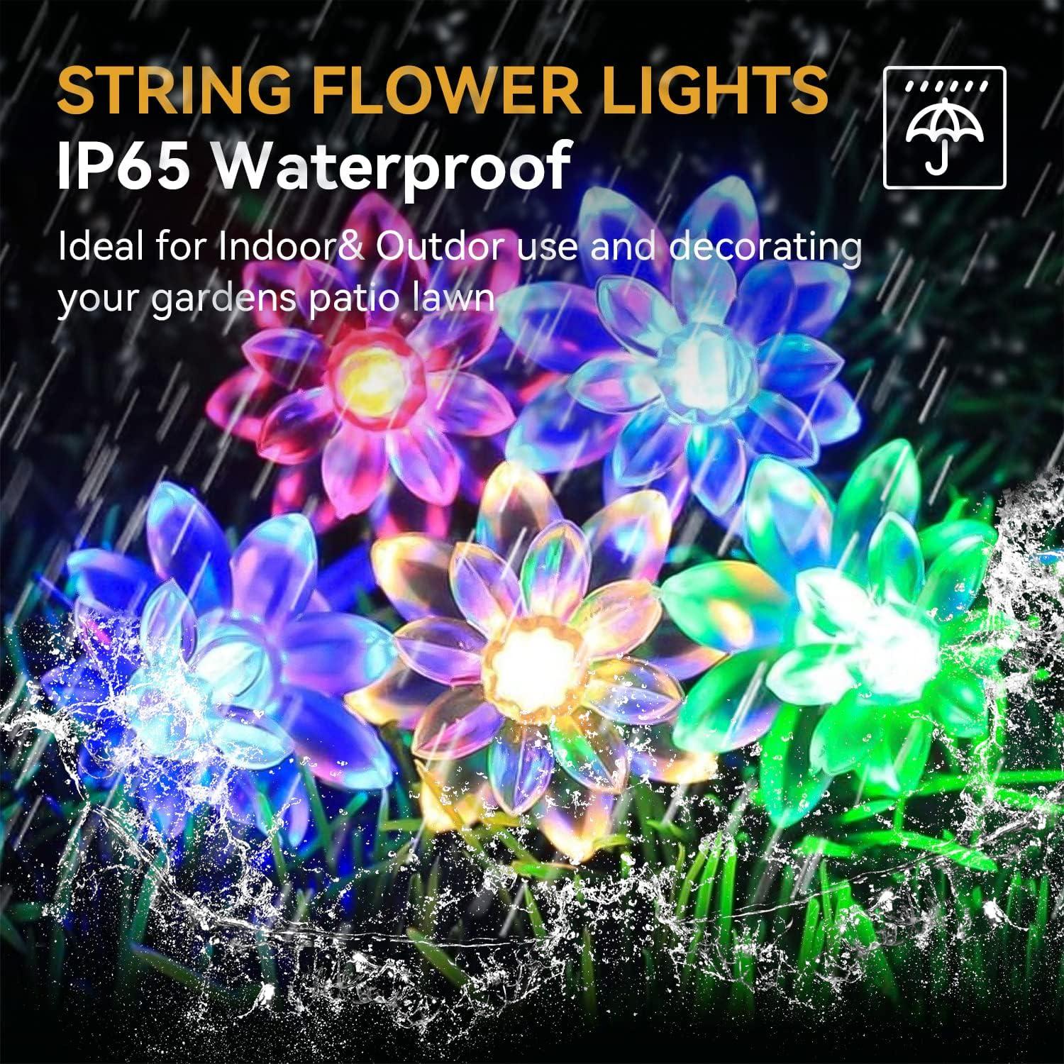 Solar Powered Outdoor White LED Flower Fairy String Lights