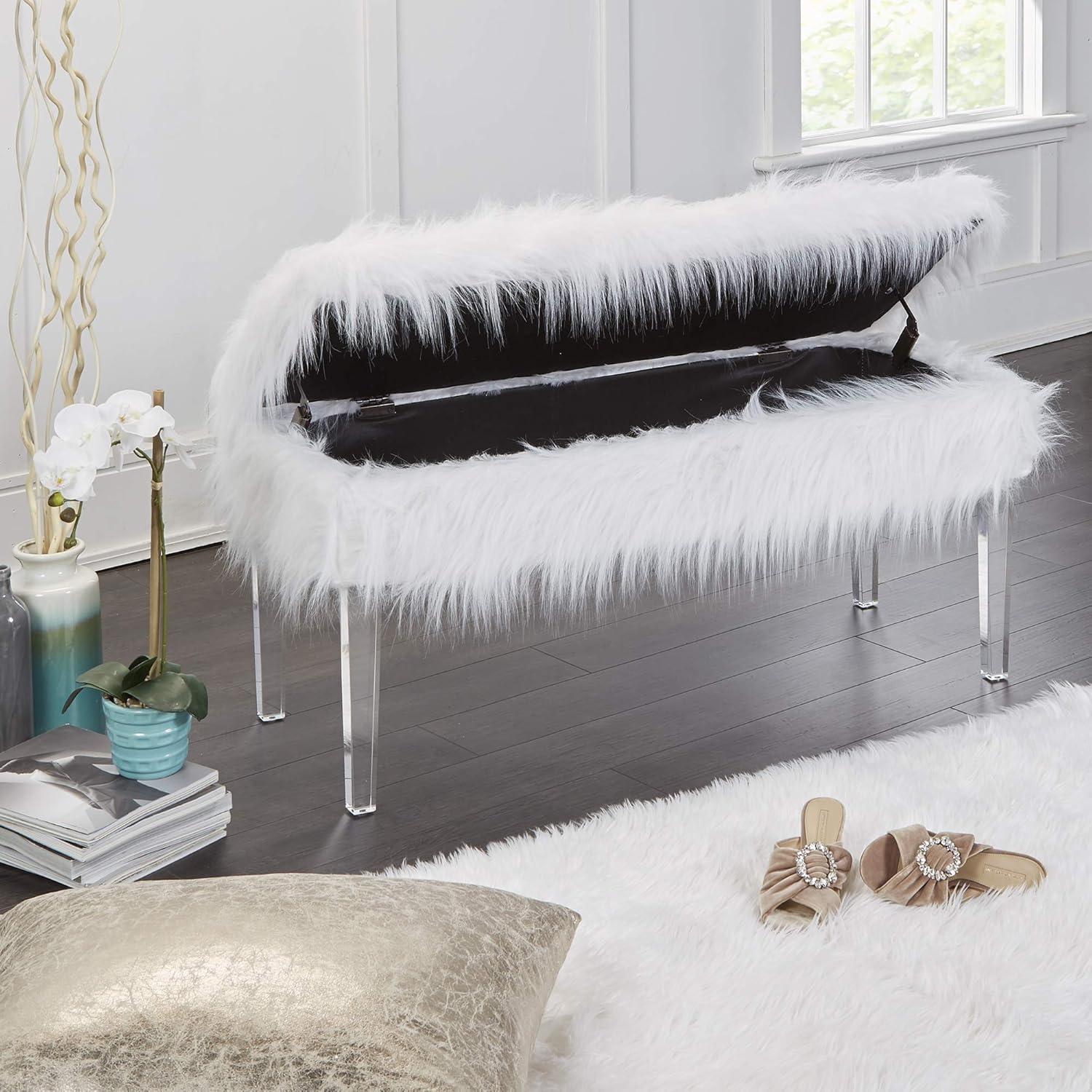 Vanessa Faux Fur and Glass Vanity Storage Bench, White Finish