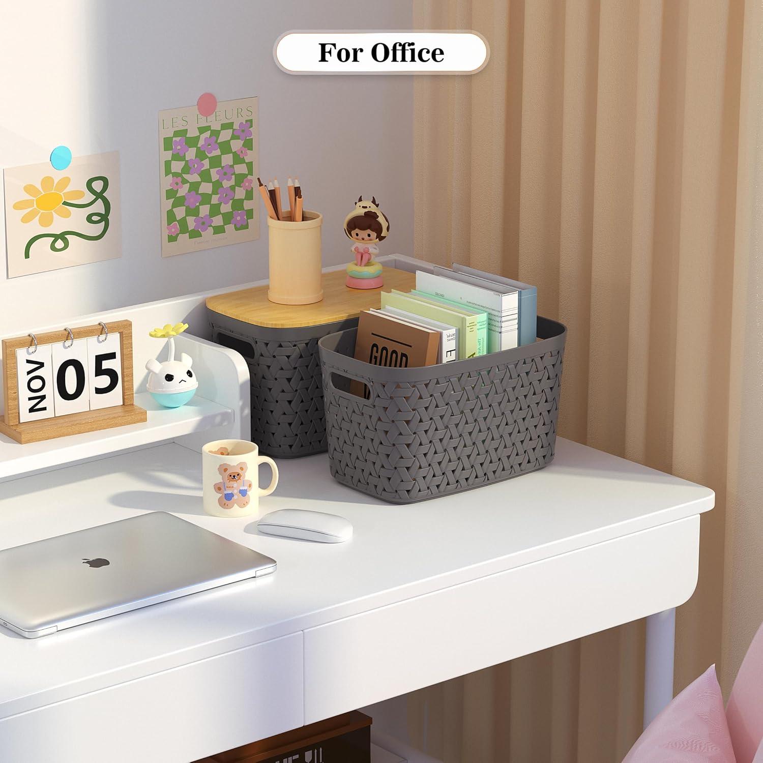 Rebrilliant Plastic Storage Bins With Bamboo Lids Set Of 4 - Pantry Organization And Storage Containers Storage Baskets - Stackable Storage Bins For Shelves Drawers Desktop Closet Playroom Classroom Office