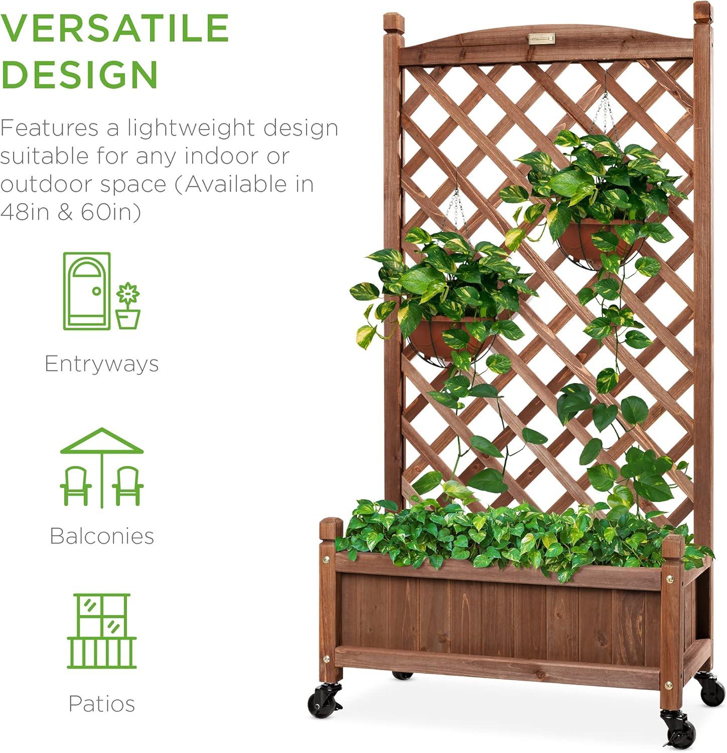 60in Wood Planter Box & Diamond Lattice Trellis, Mobile Outdoor Raised Garden Bed for Climbing Plants w/Drainage Holes, Optional Wheels - Walnut