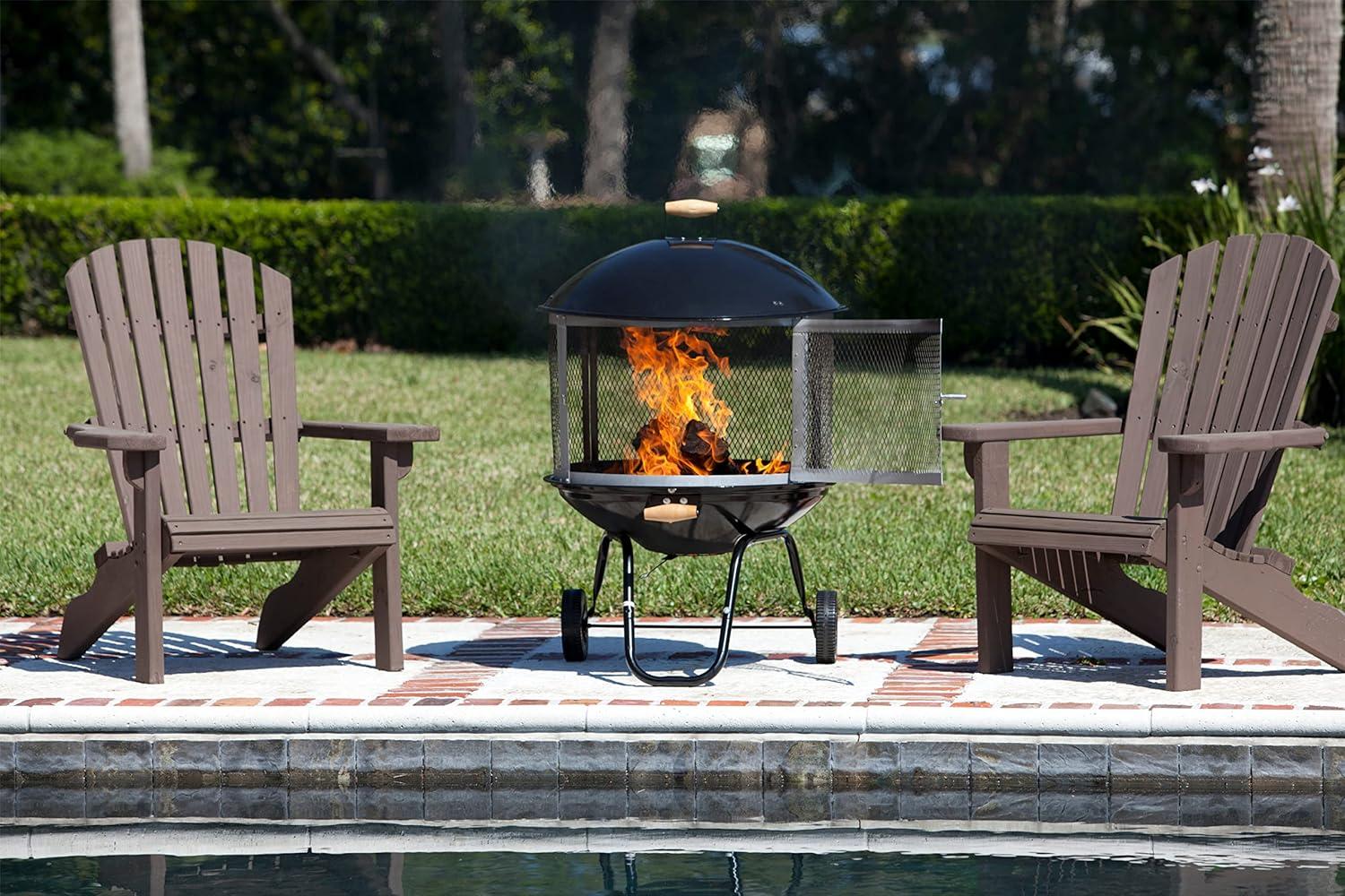 Fire Sense Fire Pit Bessemer Rolling Patio Fireplace Wooden Bonfire Porcelain Enamel Wood Burning with Wheels