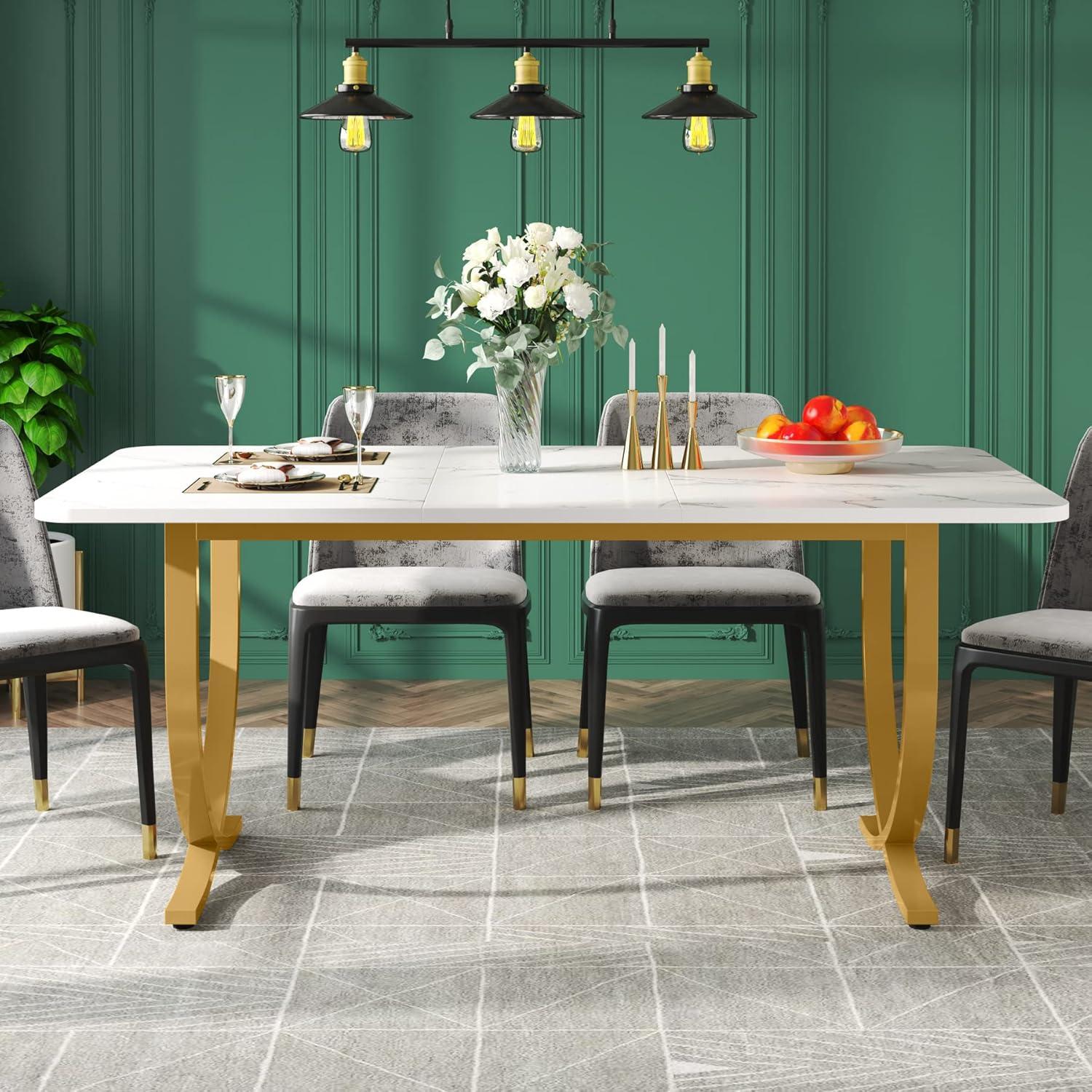 63-Inch White and Gold Faux Marble Dining Table with Metal Legs