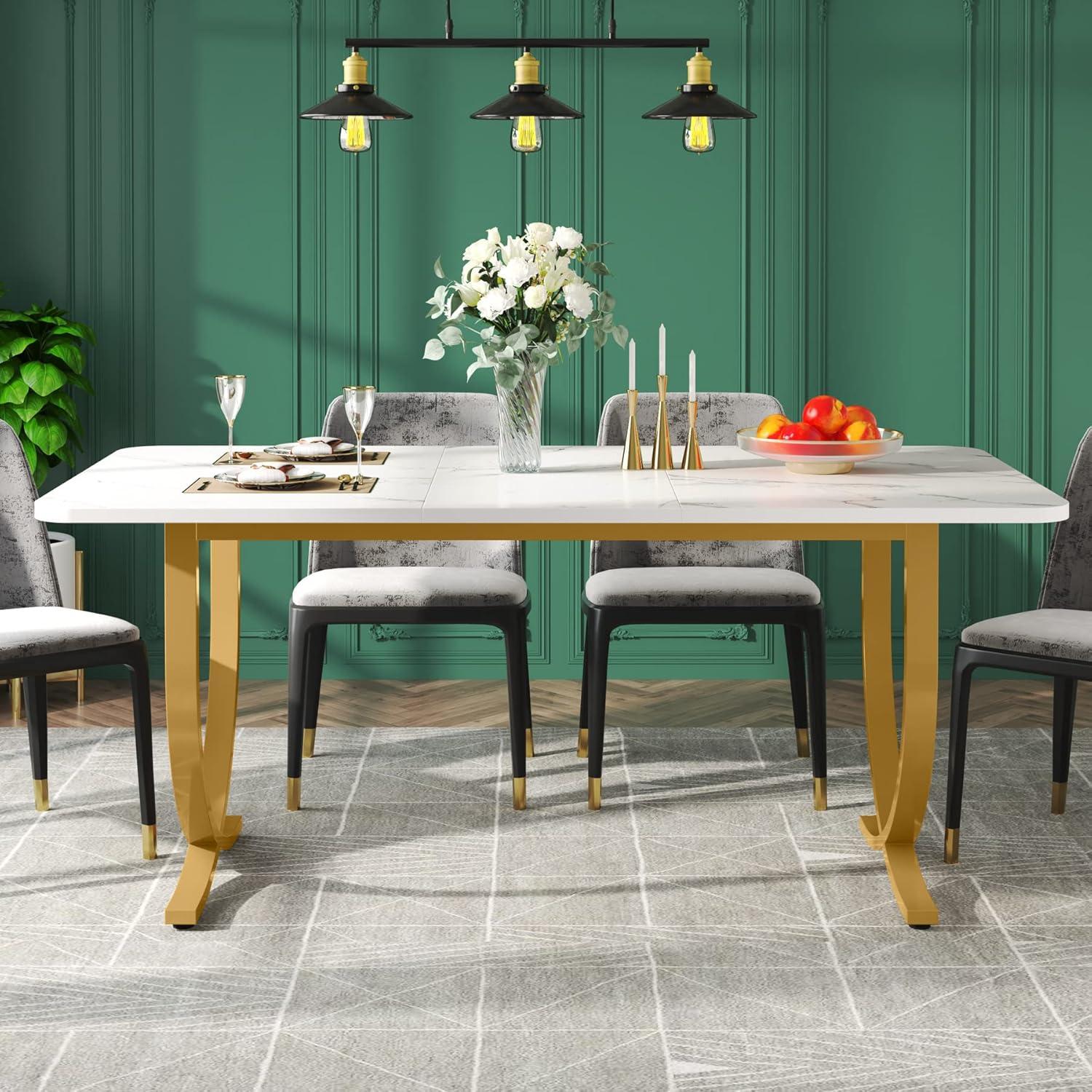 Canddidliike 63" Modern Dining Table Kitchen Table with Faux Marble Table Top, Dining Table for Living Room, Kitchen, White & Gold