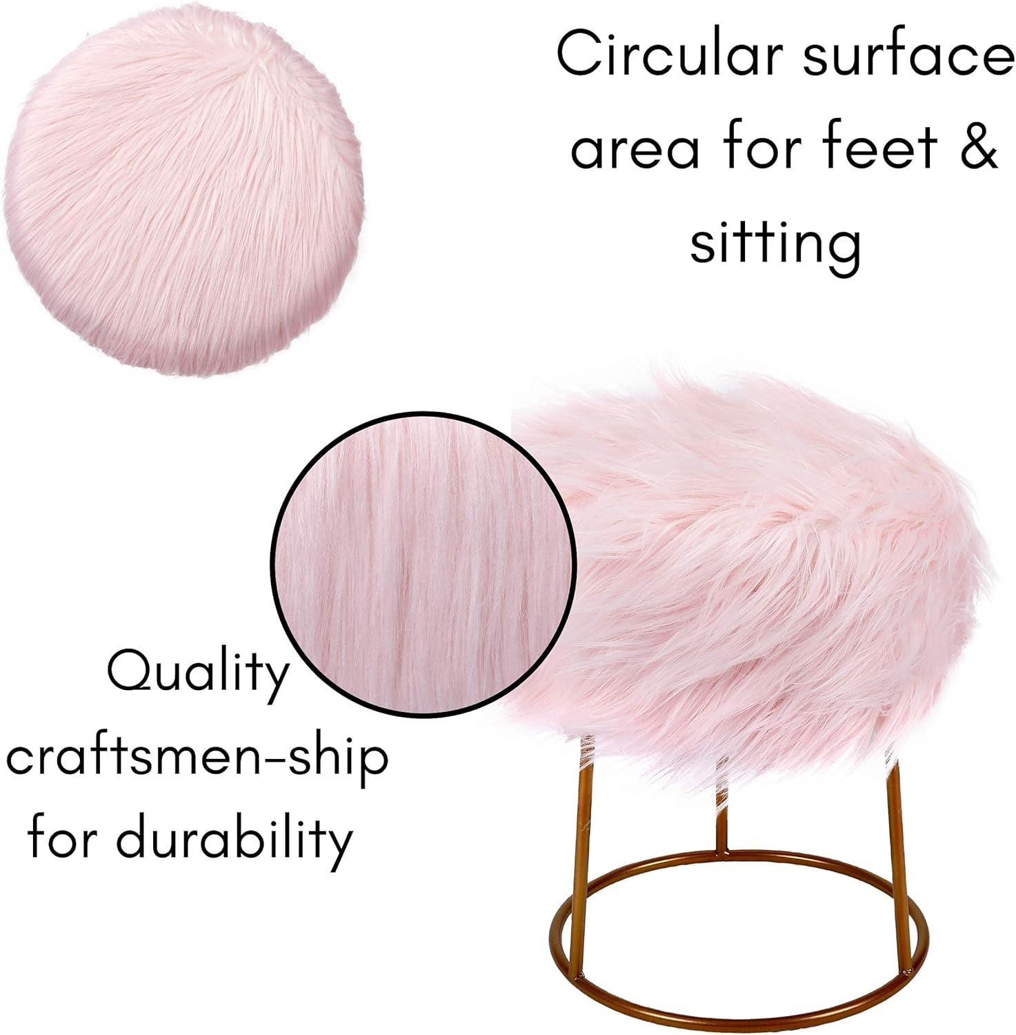 BirdRock Home Round Pink Faux Fur Foot Stool Storage Ottoman with Pale Gold Legs