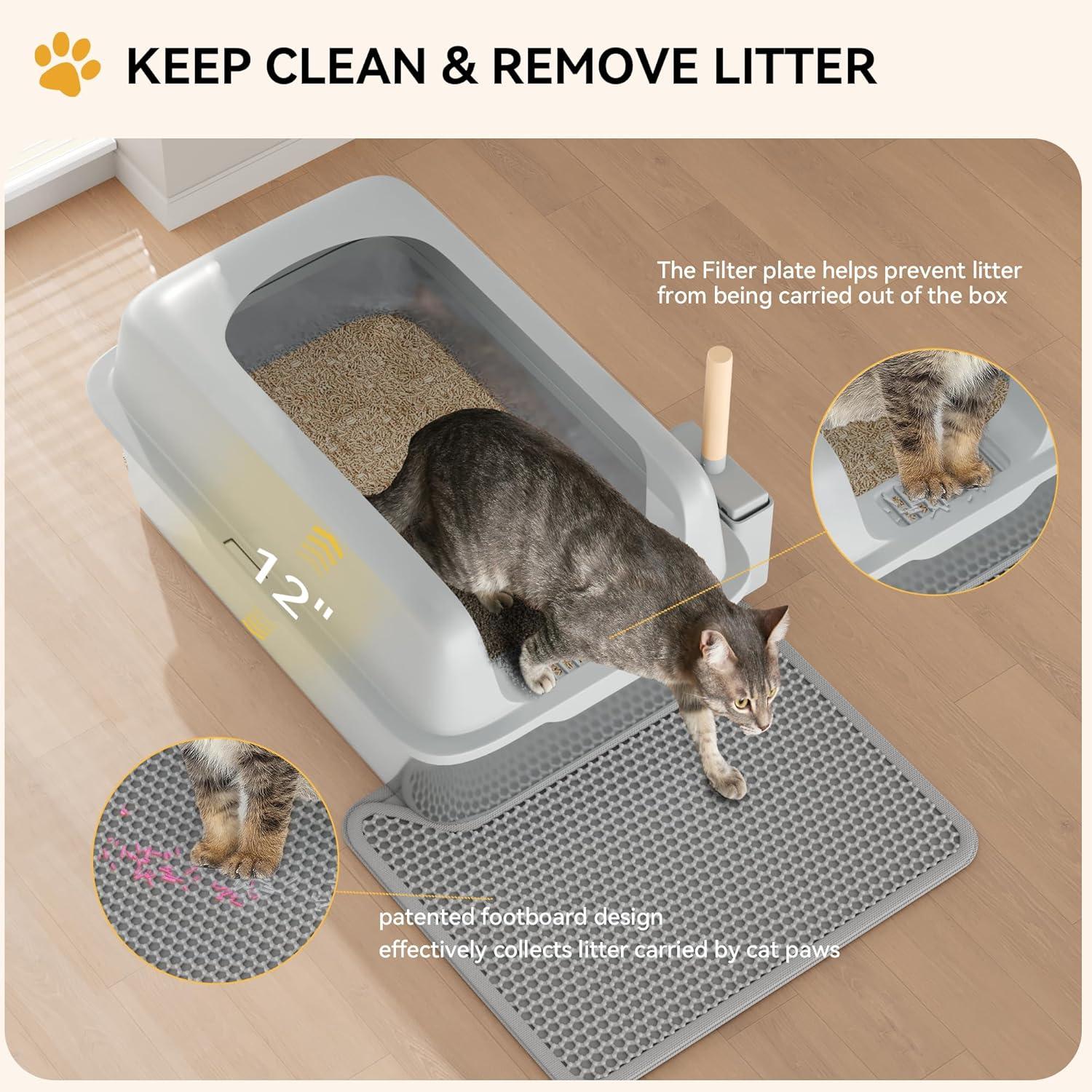 Enclosed Stainless Steel Cat Litter Box with Lid Extra Large Litter Box for Big Cats XL Metal Litter Pan Tray with High Wall Sides Enclosure, Non-Sticky, Anti-Leakage, Easy Cleaning