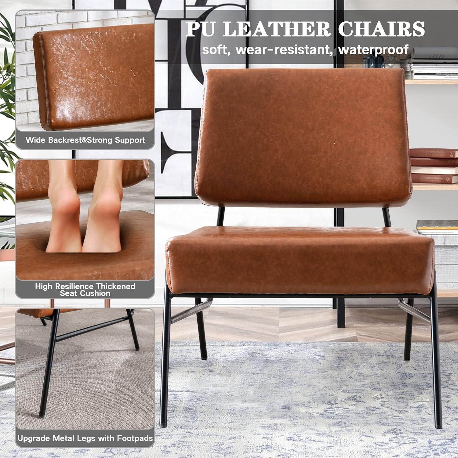 AWQM Faux Leather Accent Chair, Mid-Century Modern Armless Lounge Chair with Metal Frame Upholstered Waiting Room Chair,Office Chair Single Sofa Chairs for Living Room Bedroom,Brown