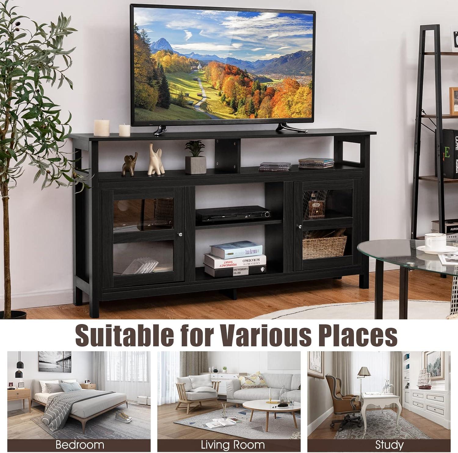 Tangkula Farmhouse TV Stand for TVs up to 65" Flat Screen, Wooden TV Console Table w/2 Cabinets & 4 Shelves, Home Living Room Furniture, Entertainment Center for 18" Electric Fireplace (Not Included)